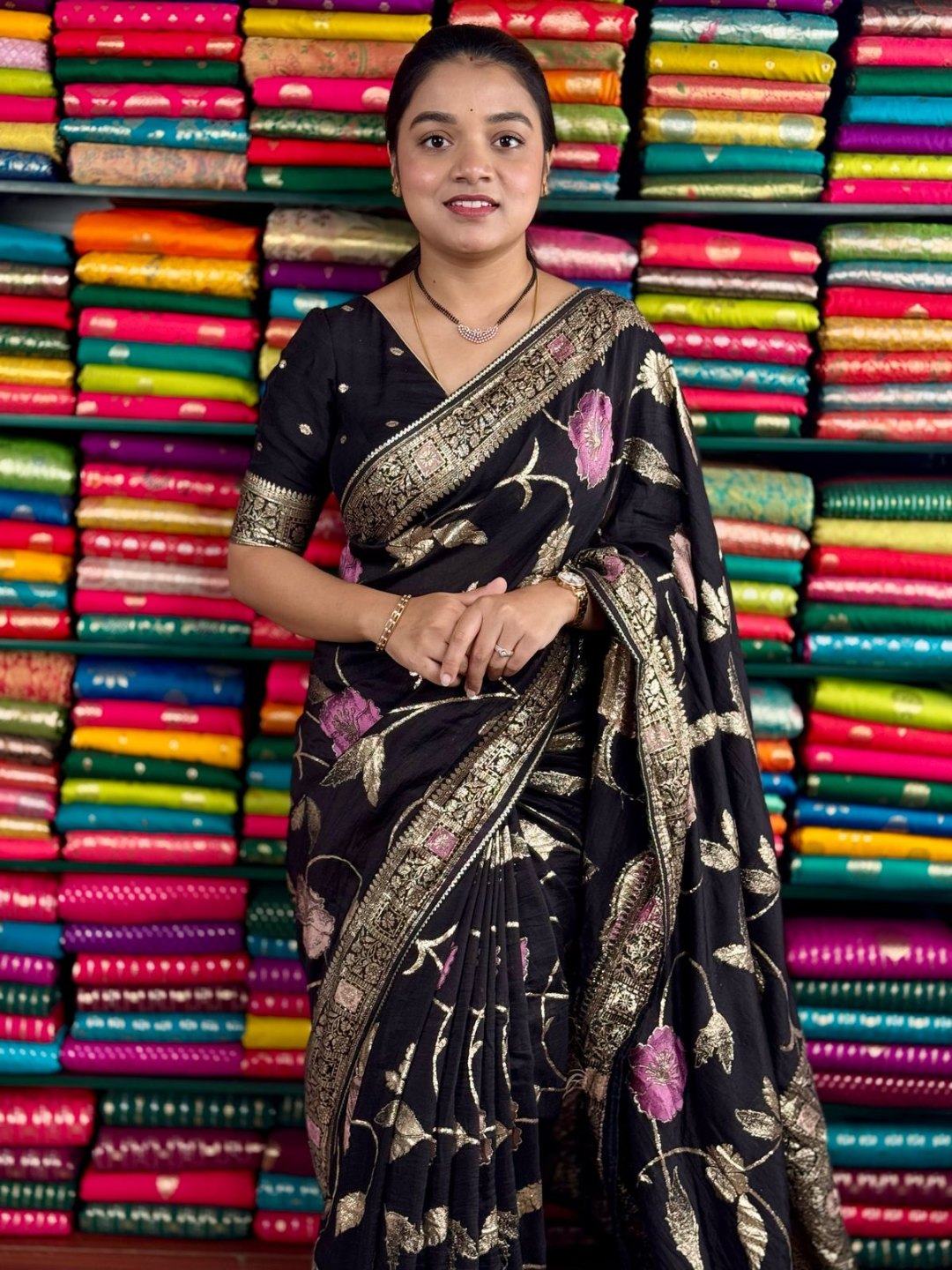 Mashru Georgette Allover Badla Zari Black Saree