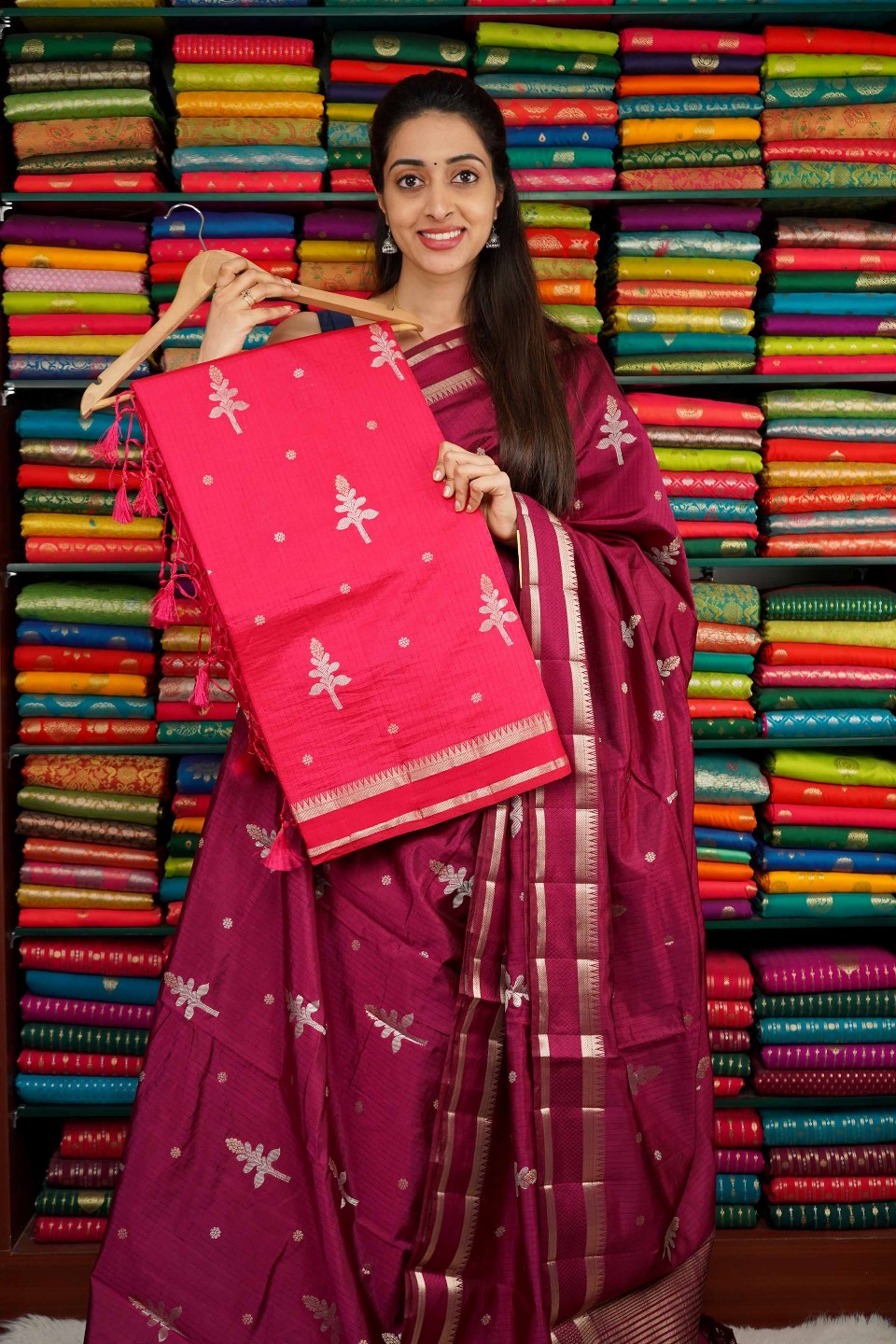 Soft Silk Silver Zari Butti Dark Pink Saree
