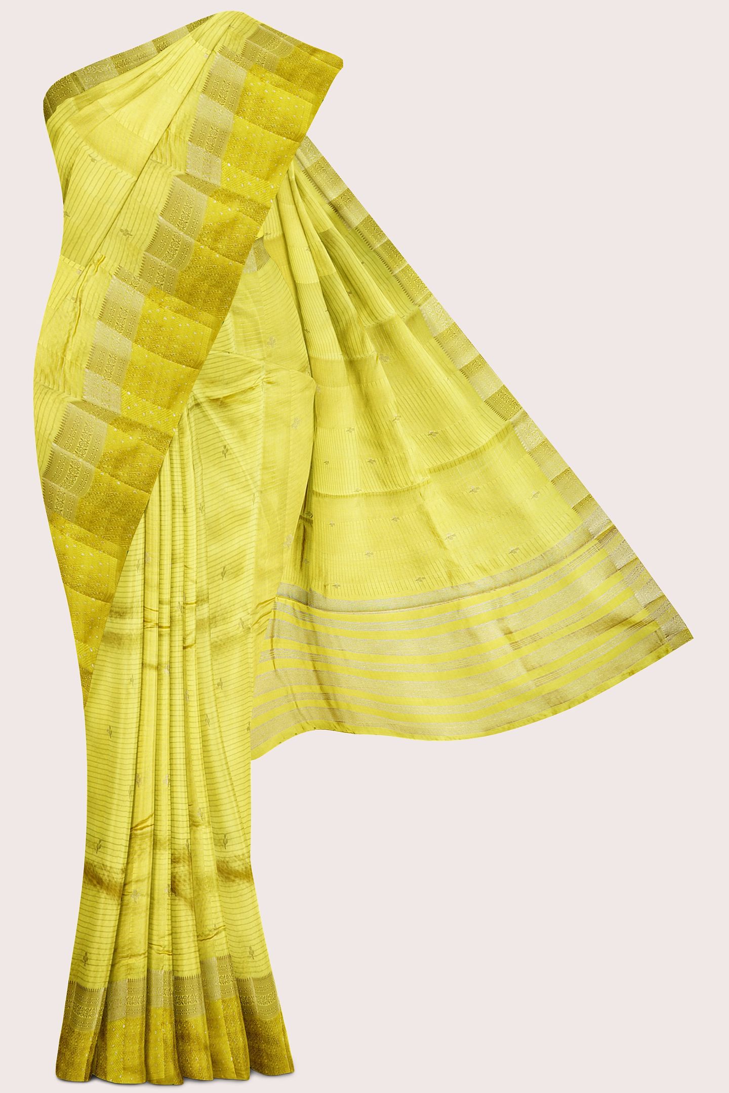 Soft Silk Gold Zari Weaving And Doriya Weaving Lines Light Yellow Saree