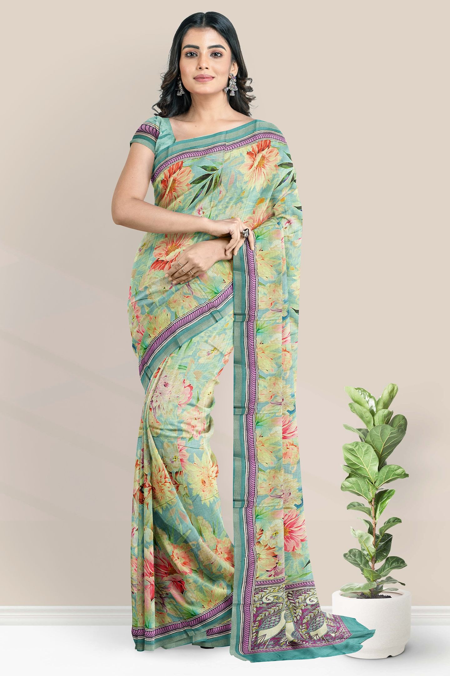 Soft Silk Emobose Weaving And Floral Digital Print Green Saree
