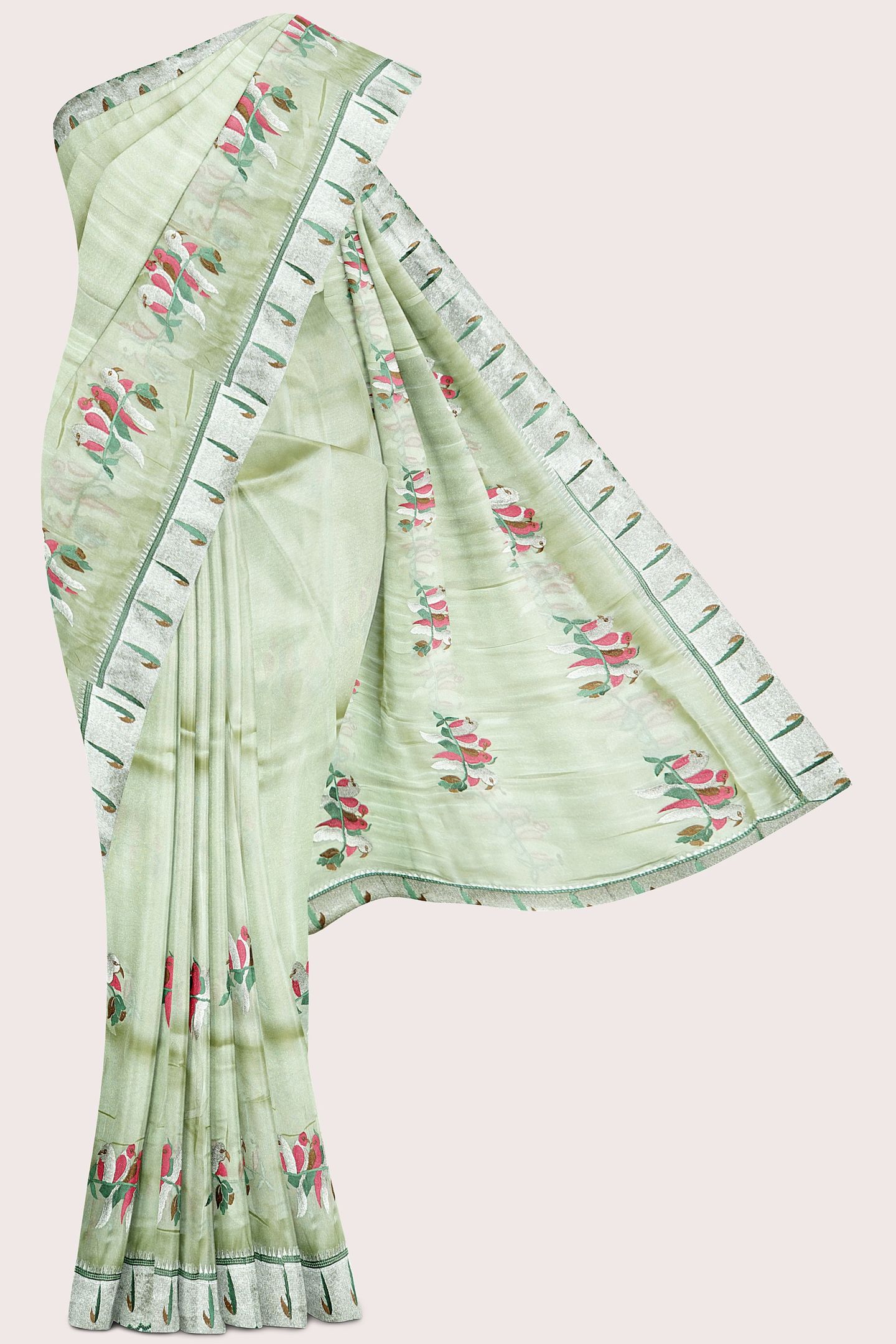 Tissue Muniya Border And Embroidery Work Green Saree