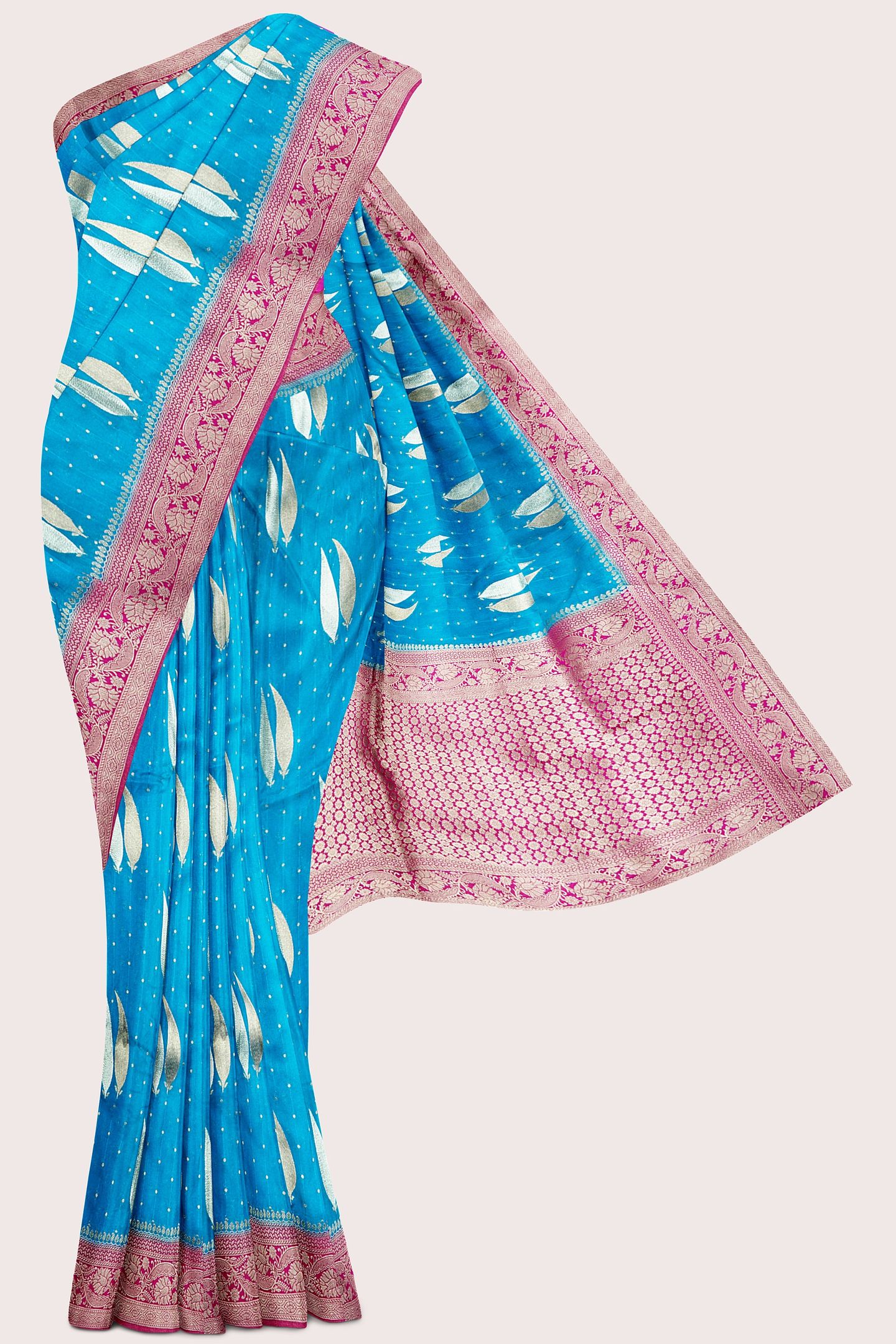 Banaras Georgette Gold Zari And Leaf Design Bright Blue With Pink Saree