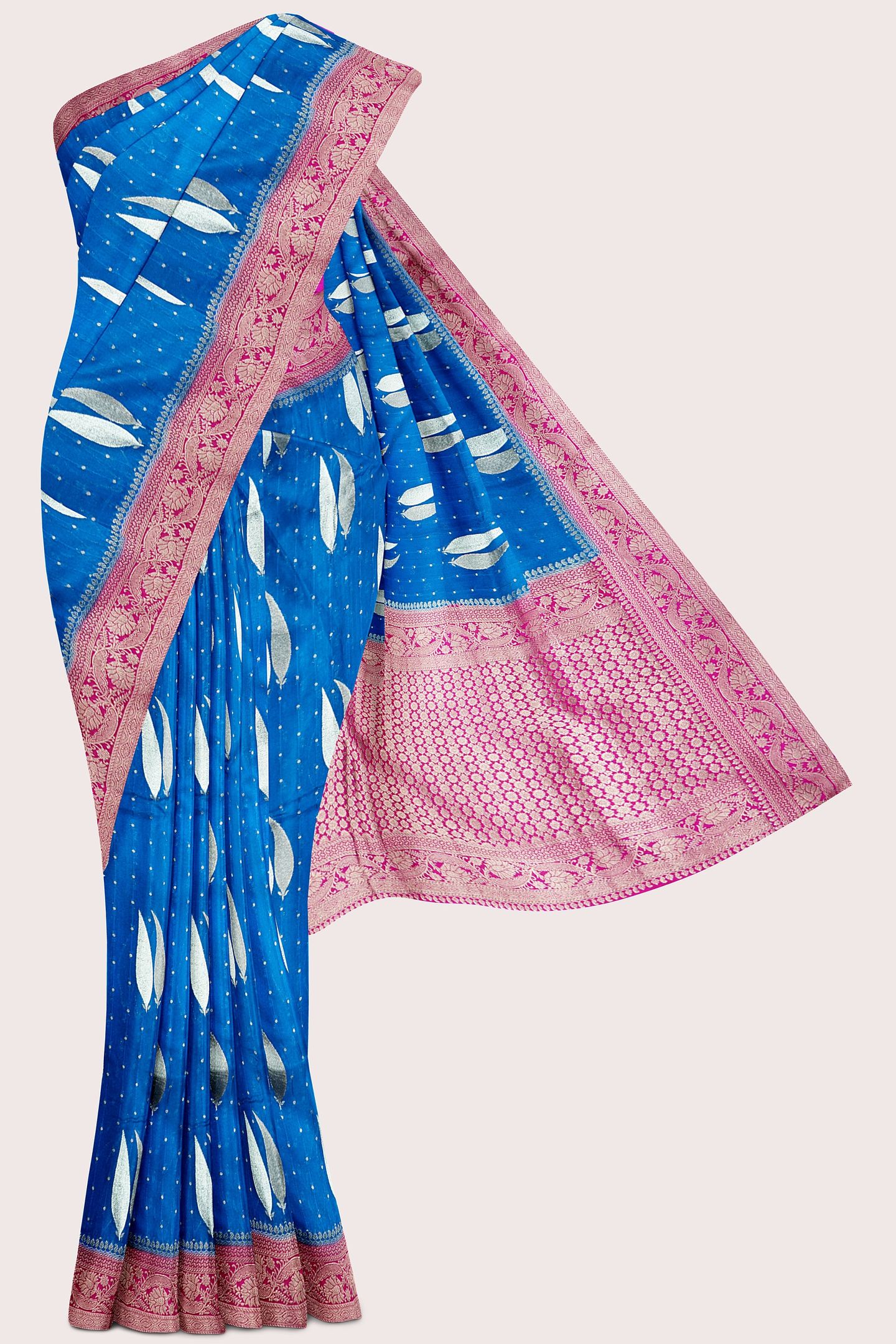 Banaras Georgette Gold Zari And Leaf Design Coppersulphate Blue With Pink Saree