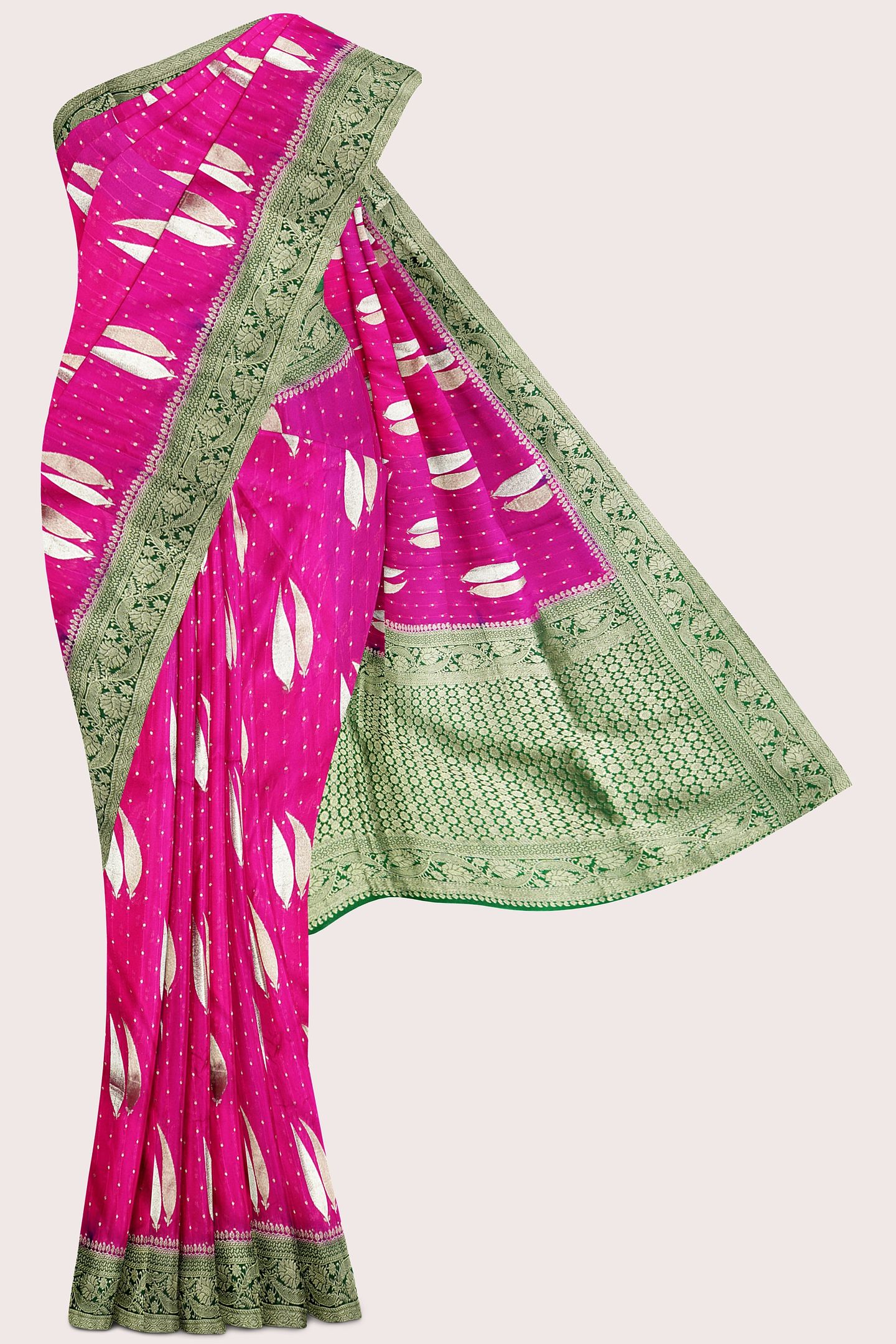 Banaras Georgette Gold Zari And Leaf Design Rani Pink With Green Saree