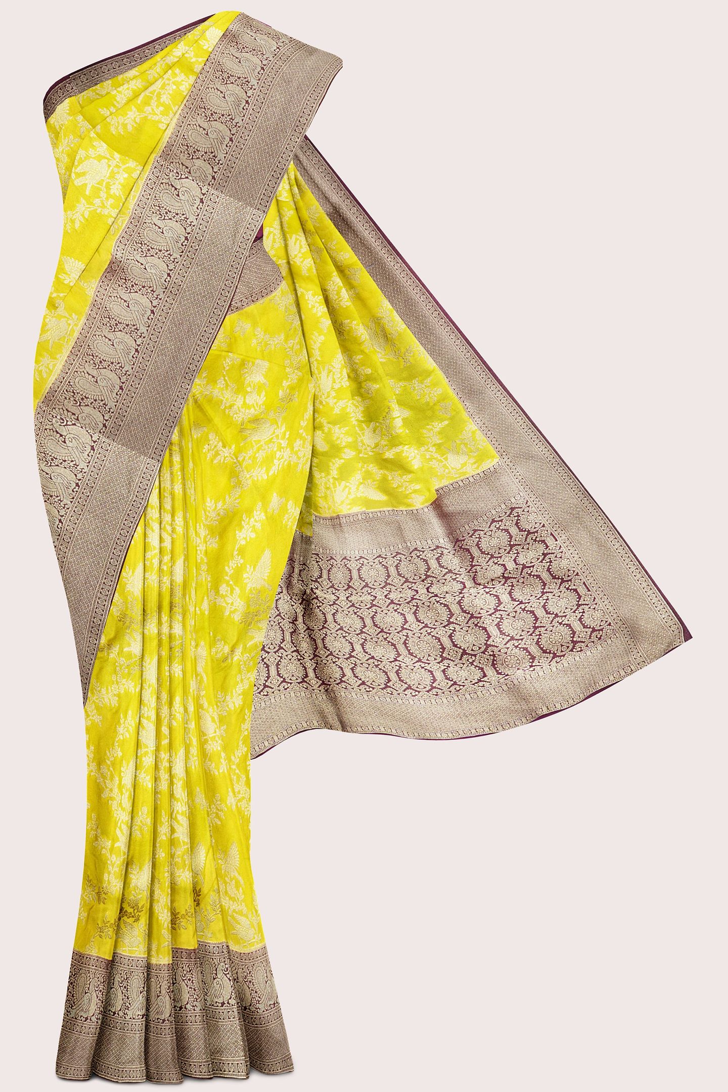 Banaras Georgette AllOver Design Yellow With Chocolate Saree
