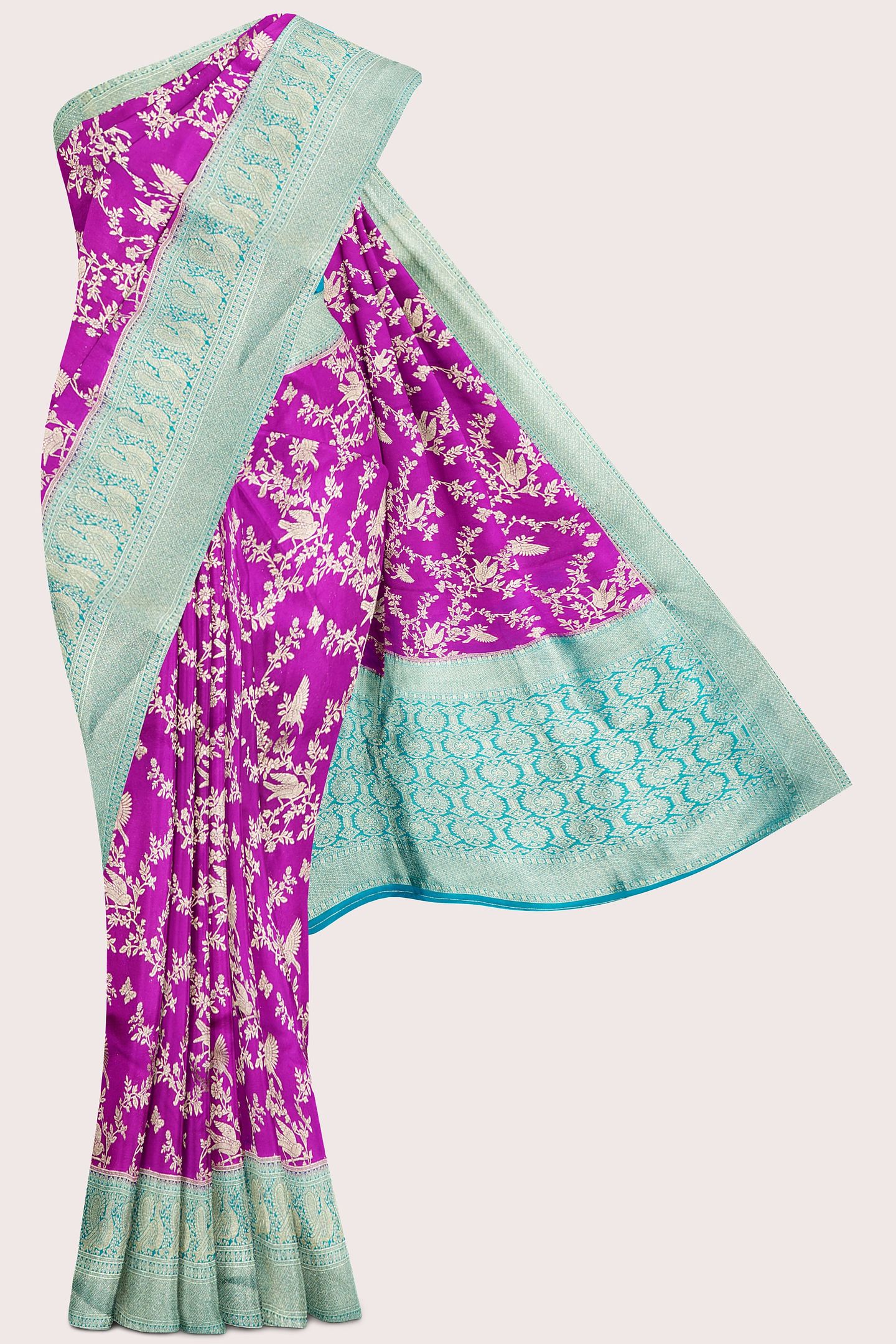 Banaras Georgette AllOver Design Magenta Pink With Rama Green Saree