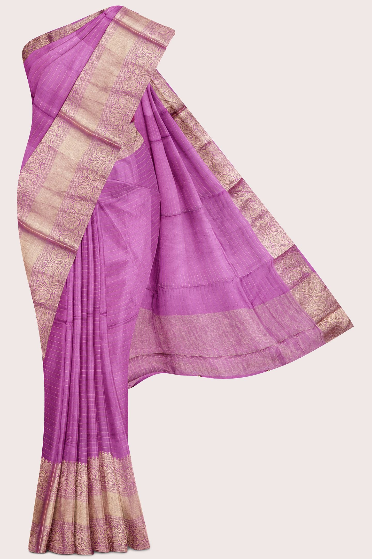 Viscose Georgette Gold Zari And Doriya Lines Light Brinjal With Purple Saree