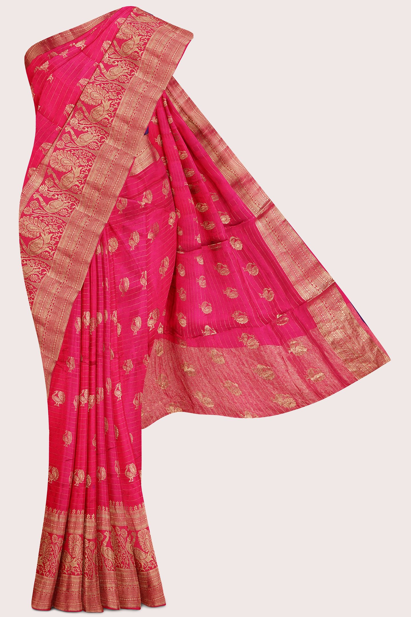 Viscose Georgette Gold Zari And Peacock Butti Bright Pink With Purple Saree