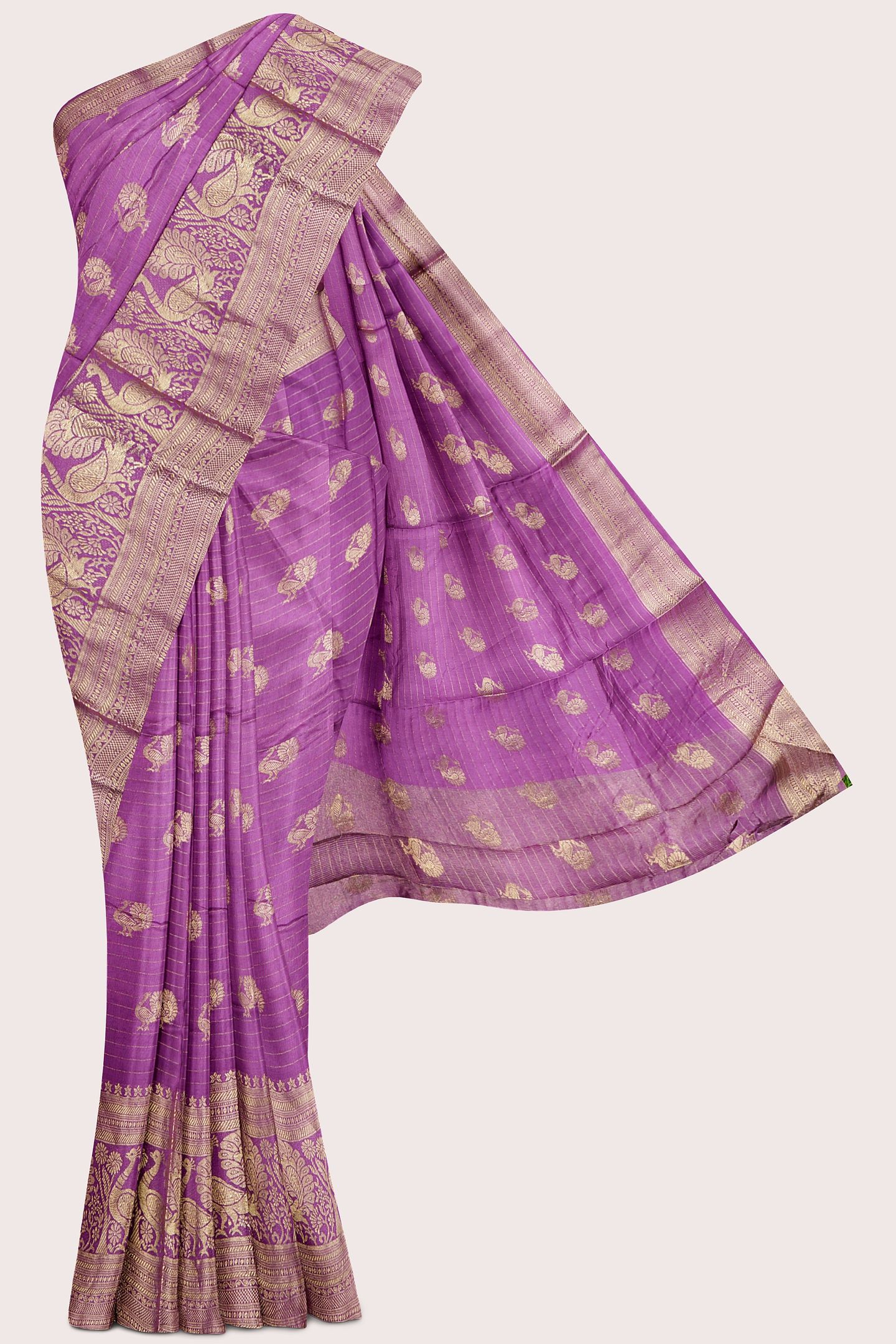 Viscose Georgette Gold Zari And Peacock Butti Light Magenta Pink With Wine Saree