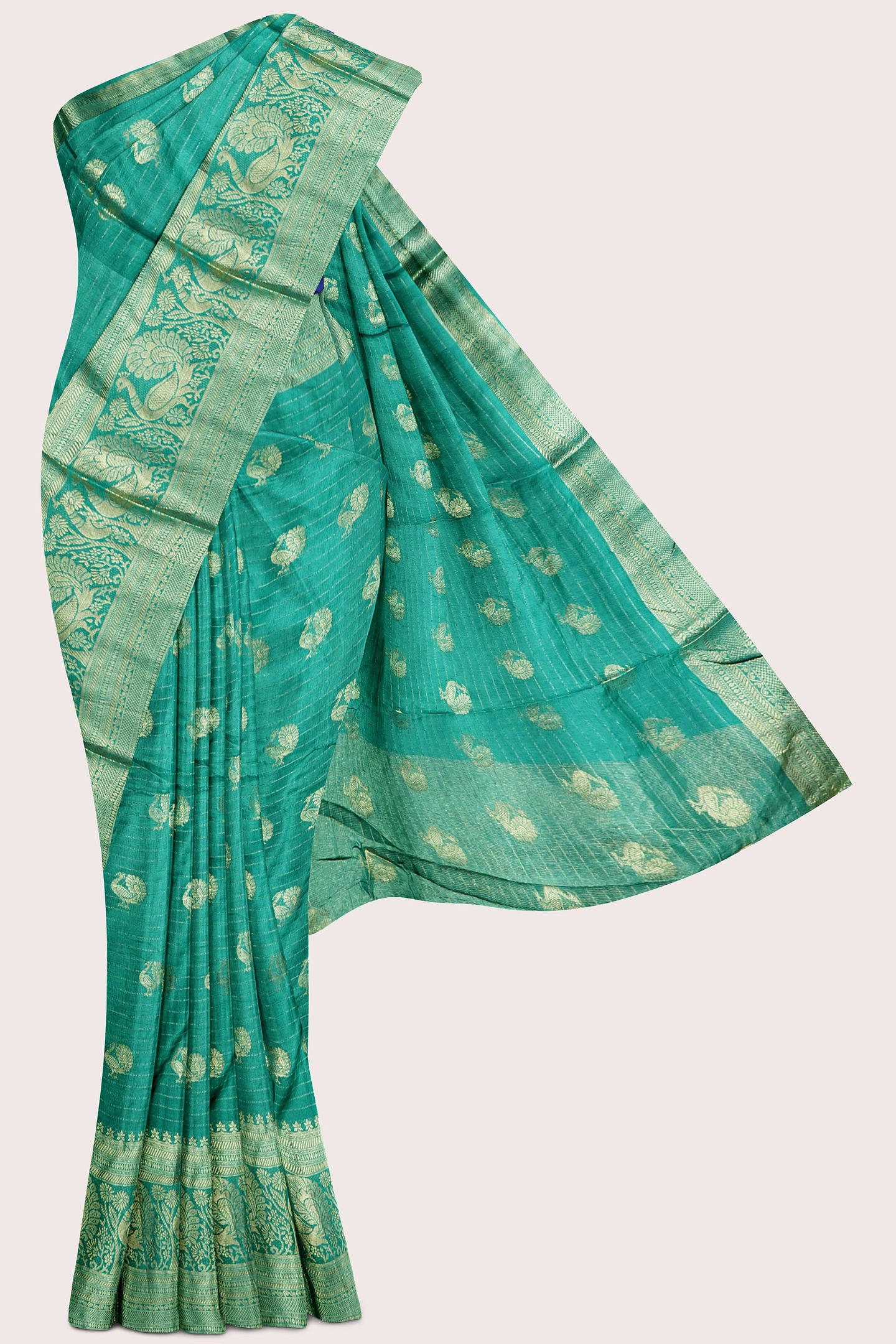 Viscose Georgette Gold Zari And Peacock Butti Teal Green With Navy Blue Saree