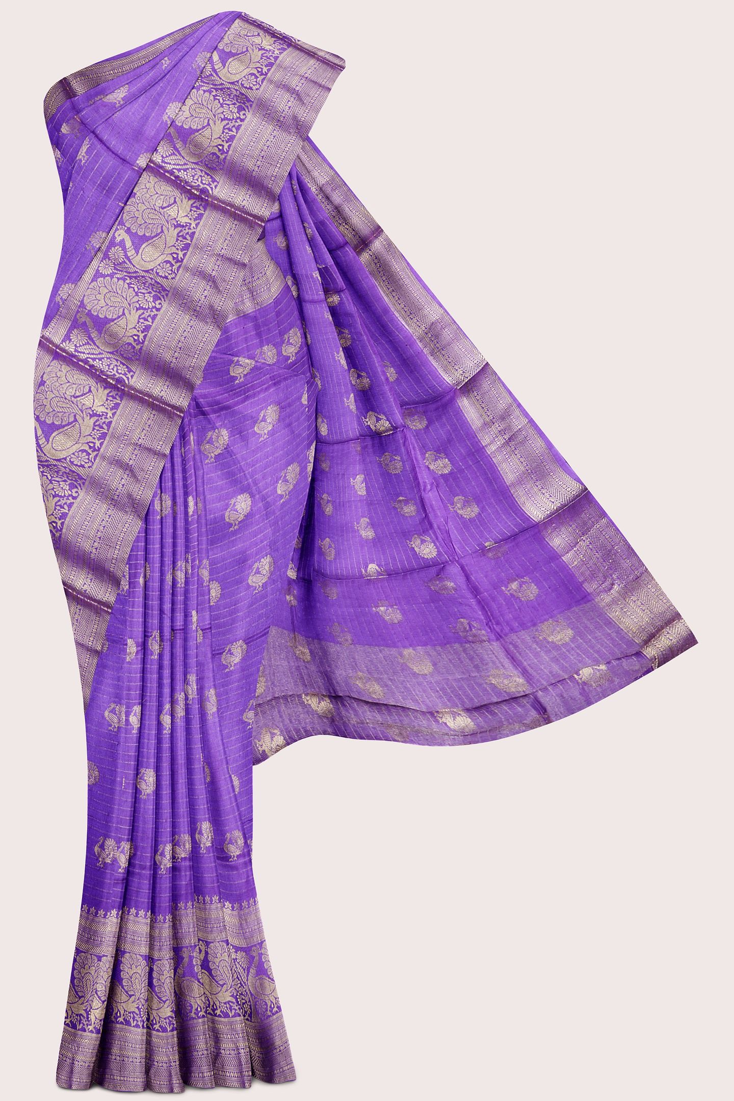 Viscose Georgette Gold Zari And Peacock Butti Dark Lavender With Purple Saree