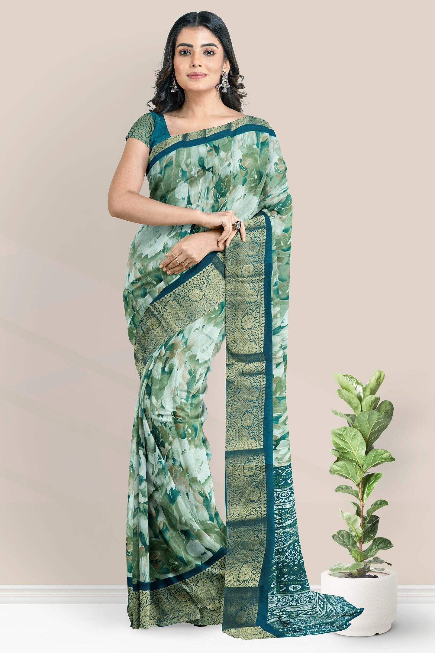 Georgette Gold Zari And Glass Digital Print Light And Dark Rama Green Saree