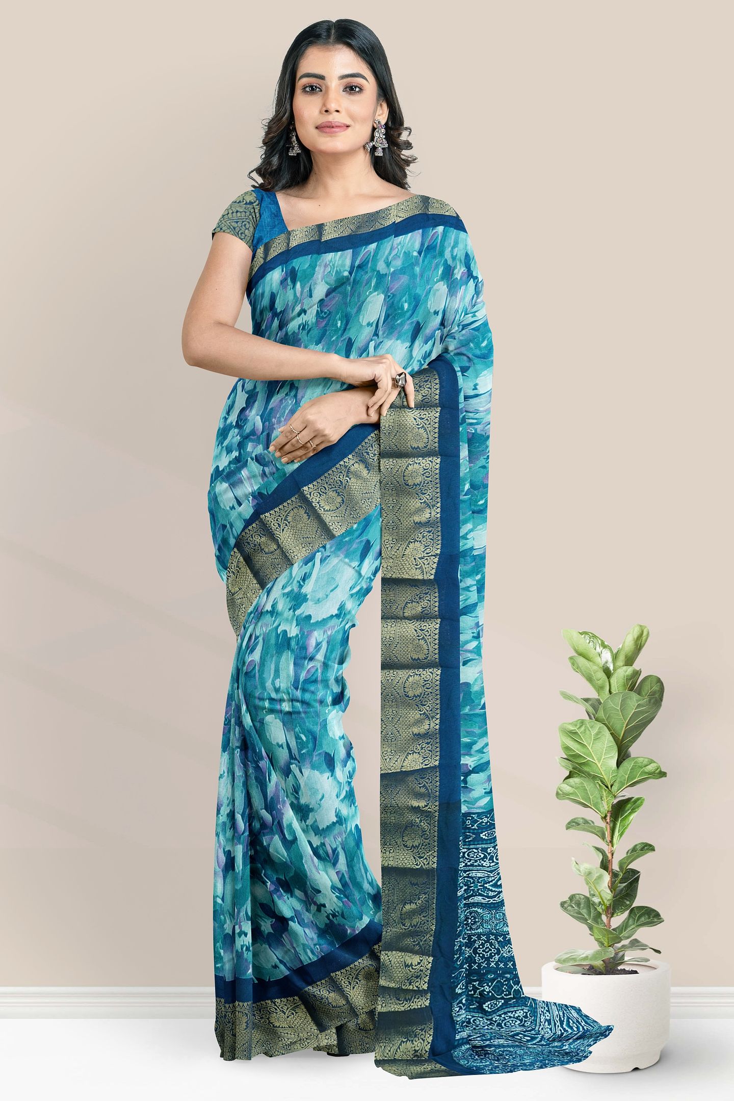 Georgette Gold Zari And Glass Digital Print Light And Dark Peacock Blue Saree