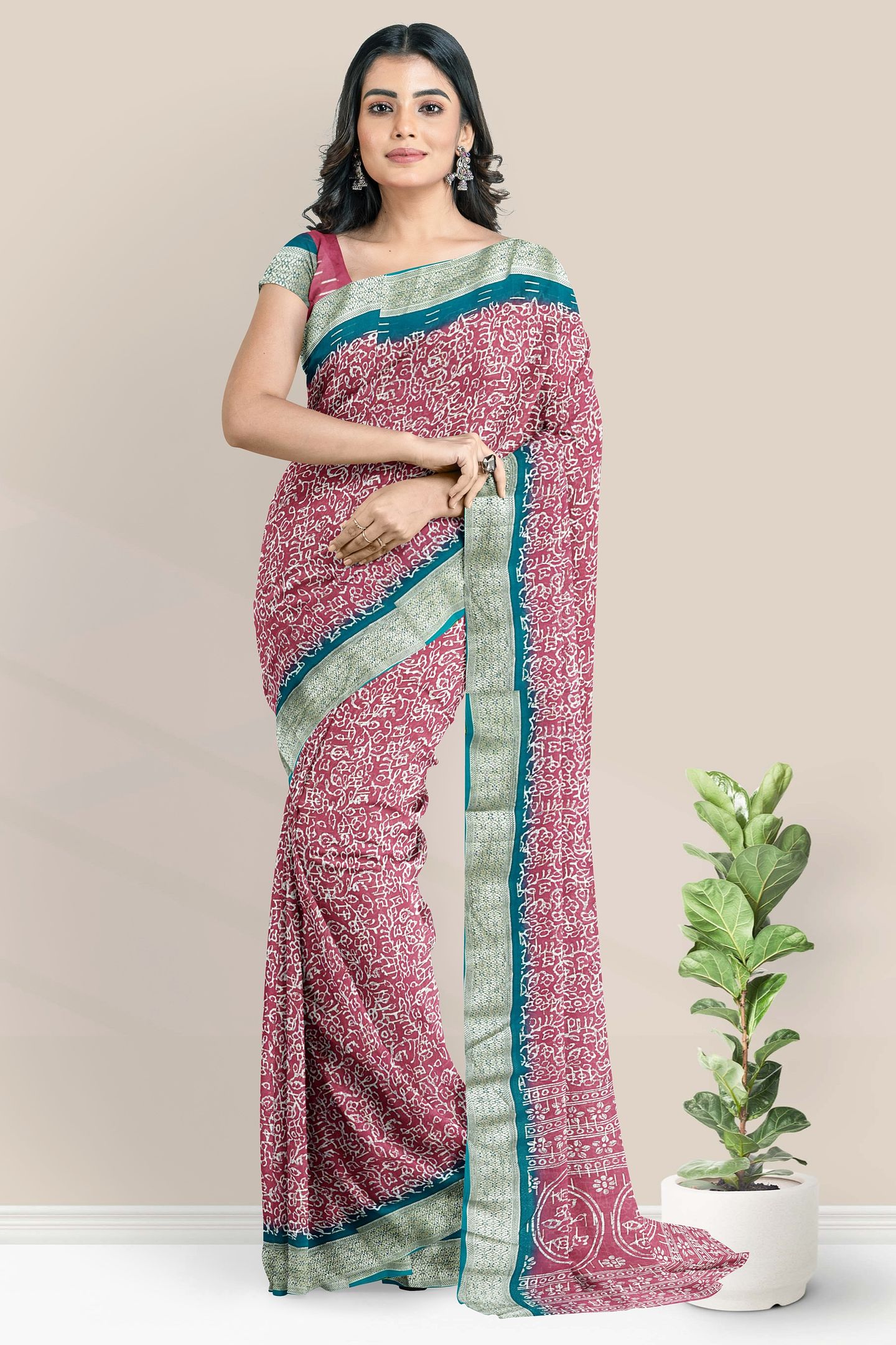 Georgette Bathik Print Design Onion Pink With Rama Green Saree
