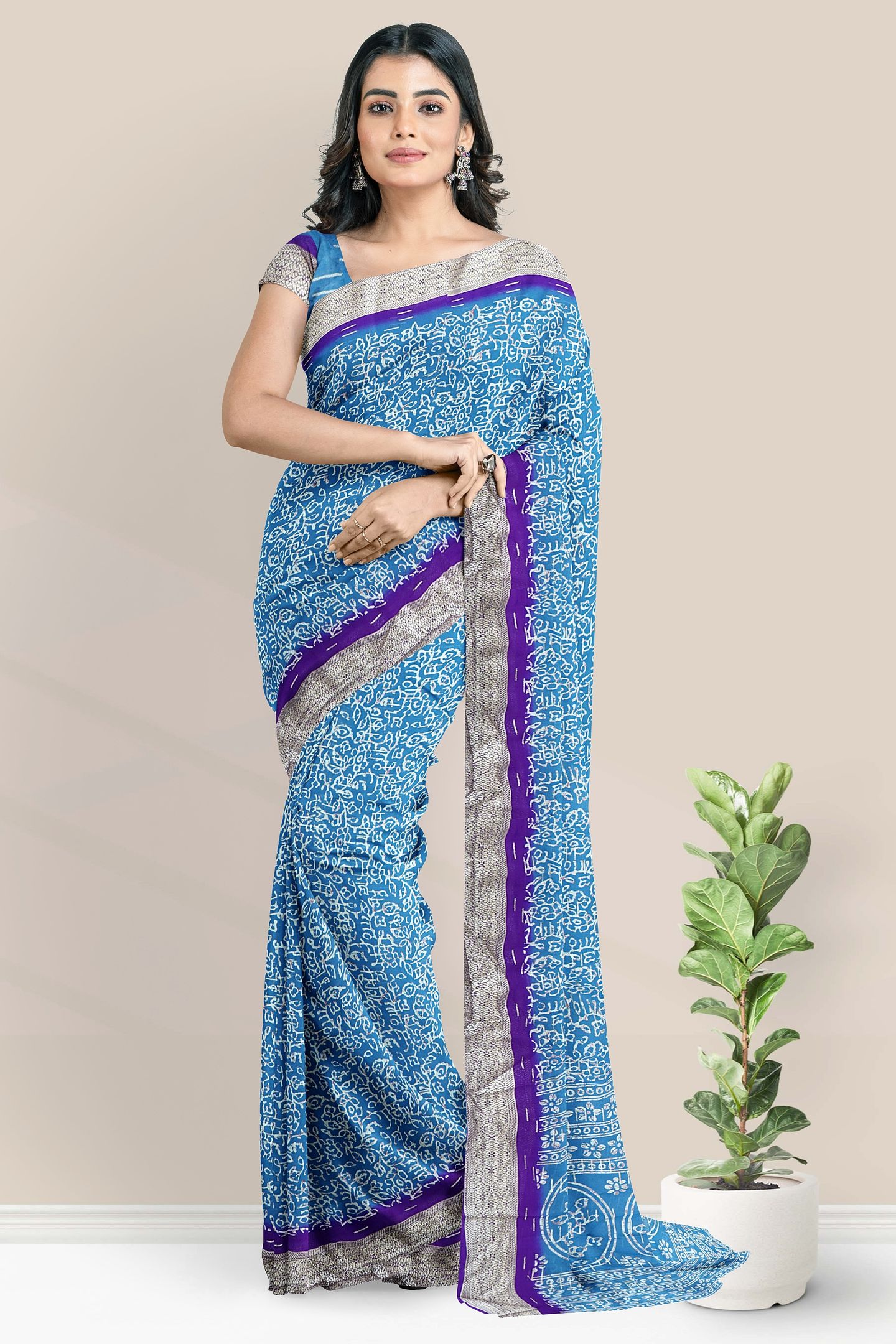 Georgette Bathik Print Design Bright Blue With Purple Saree