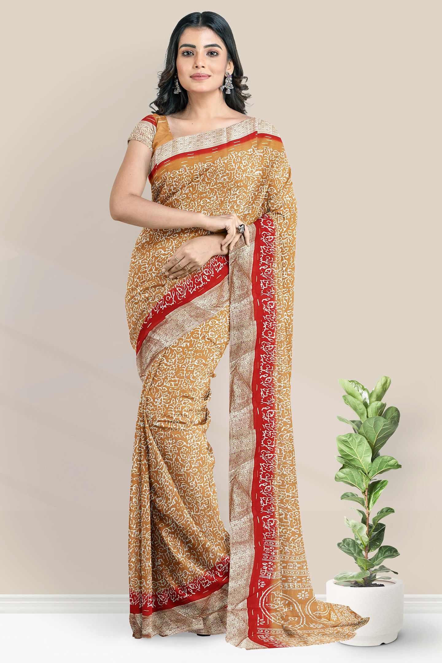 Georgette Bathik Print Design Light Brick Red With Red Saree