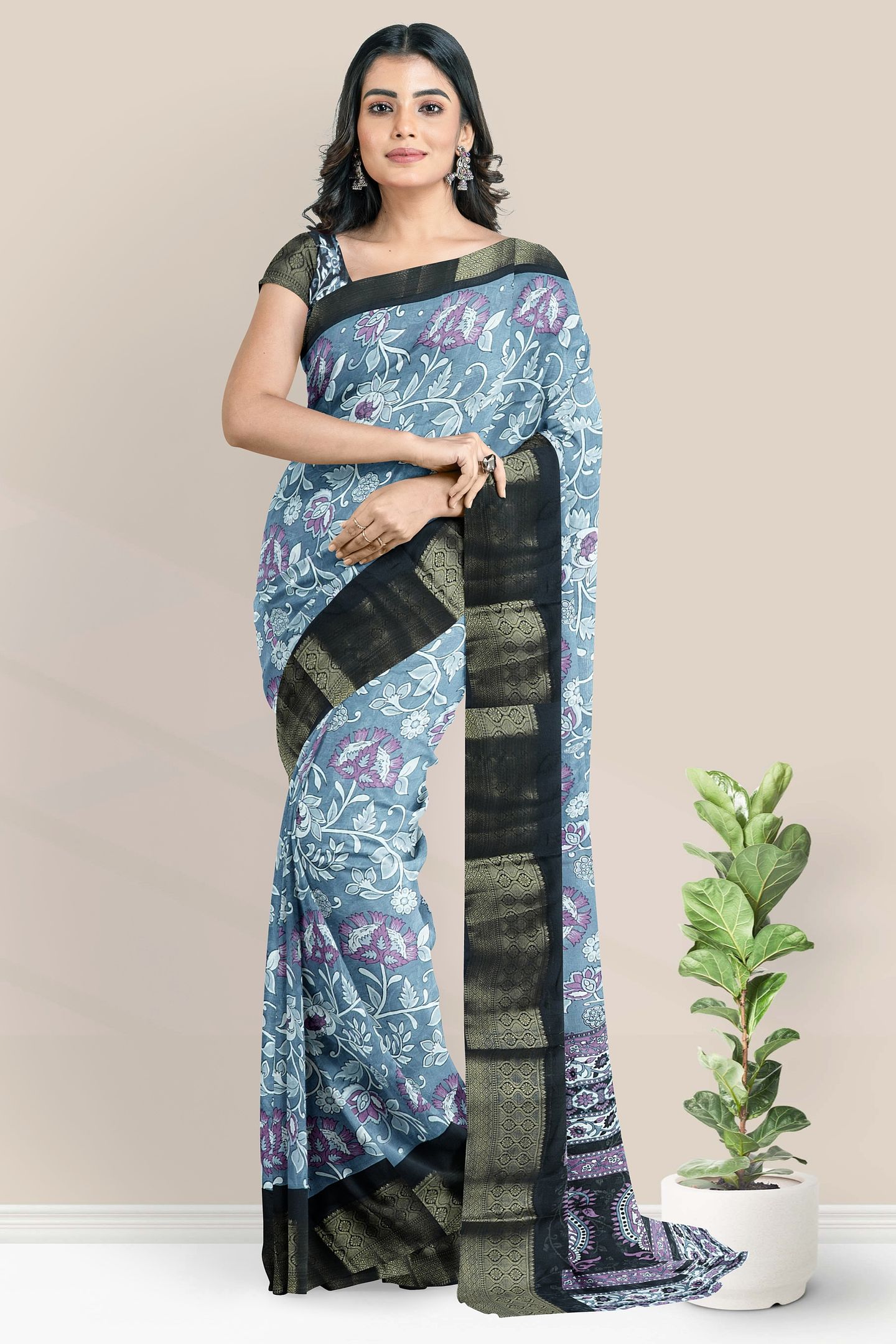 Georgette Kalamkari Floral Print Design Ash With Black Saree