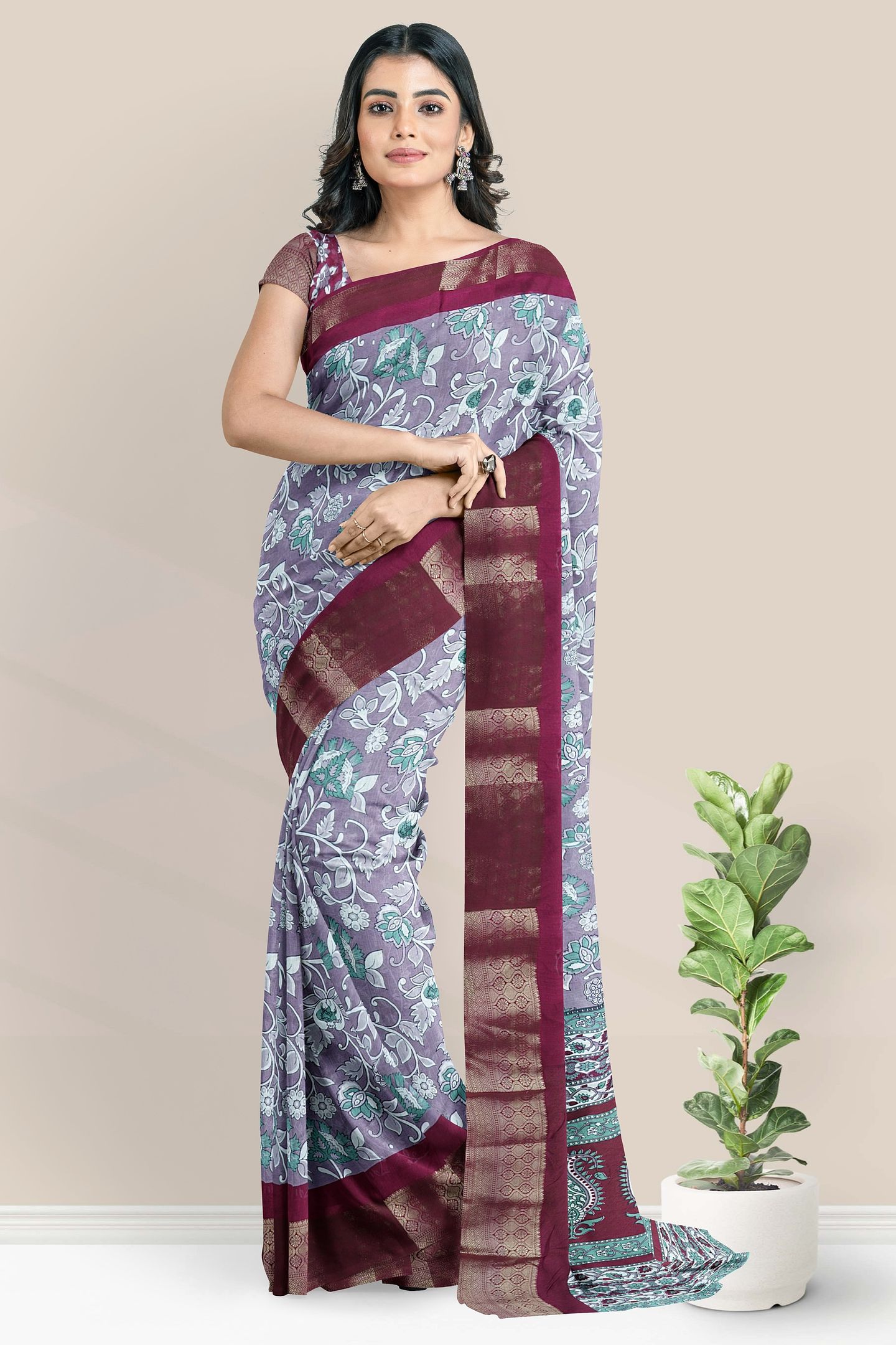 Georgette Kalamkari Floral Print Design Grape With Pink Saree