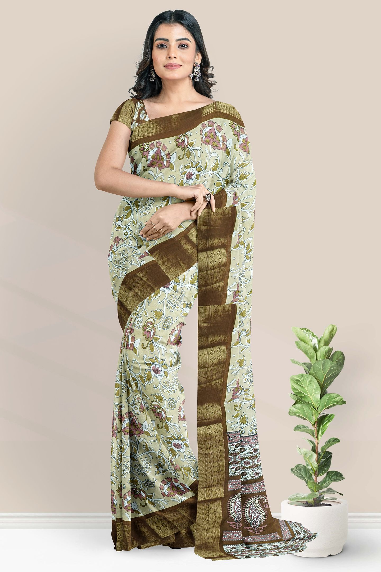 Georgette Kalamkari Floral Print Design Chandanam Yellow With Brown Saree
