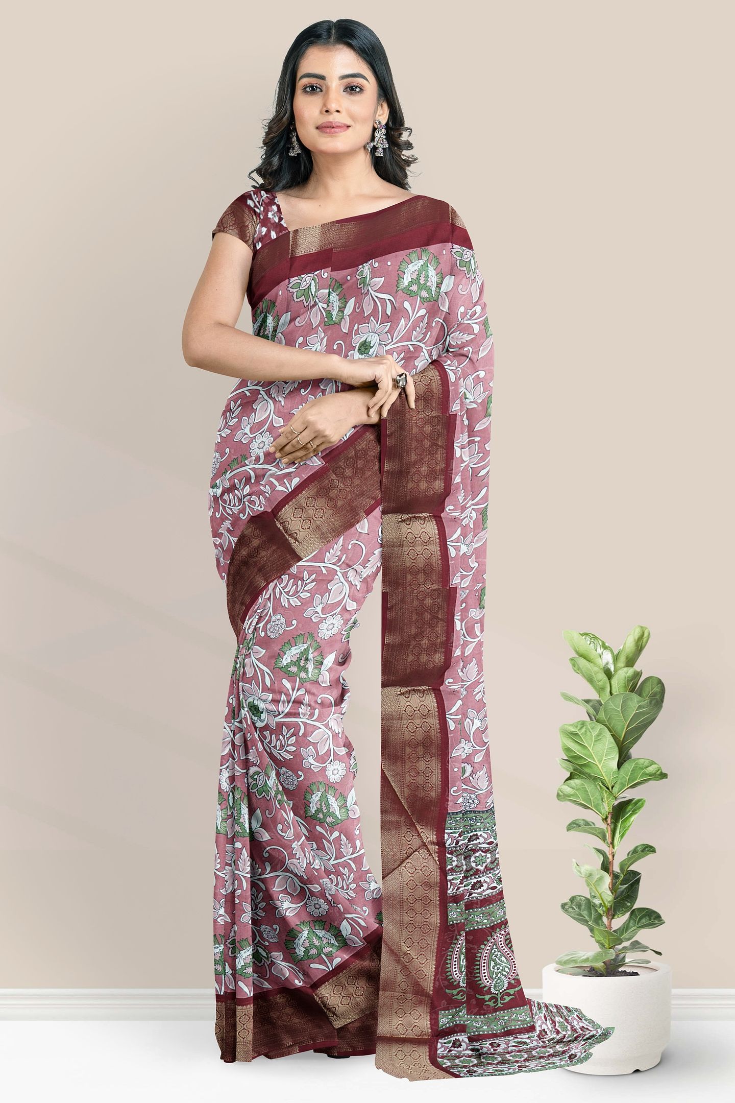 Georgette Kalamkari Floral Print Design Pink With Maroon Saree