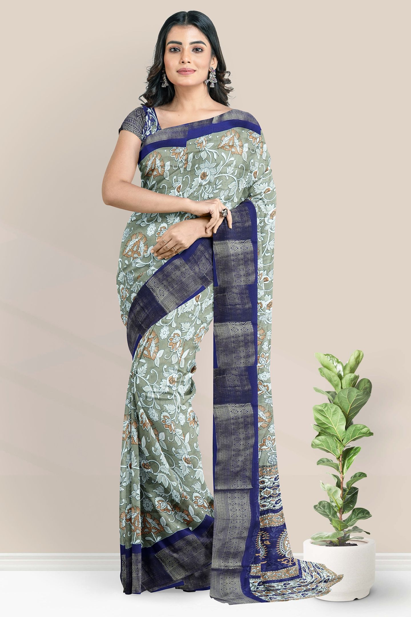 Georgette Kalamkari Floral Print Design Mehandi Green With Navy Blue Saree