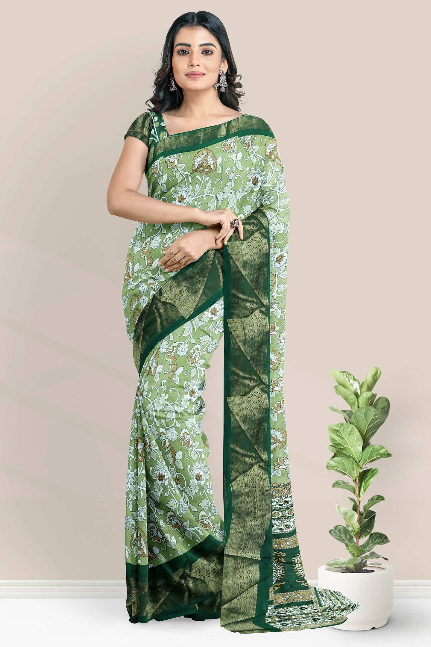 Georgette Kalamkari Floral Print Design Parrot Green With Dark Green Saree