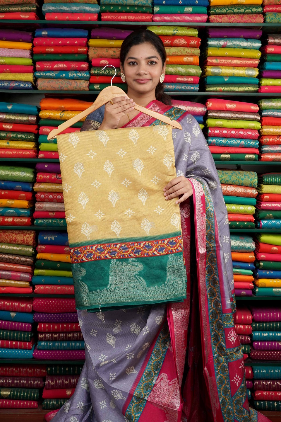 Soft Silk Embose Weaving Yellow And Green Saree