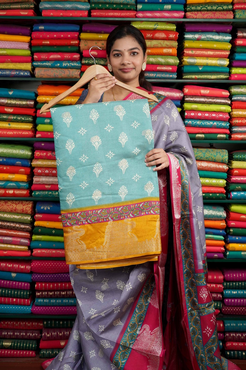 Soft Silk Embose Weaving Sea Blue And Yellow Saree