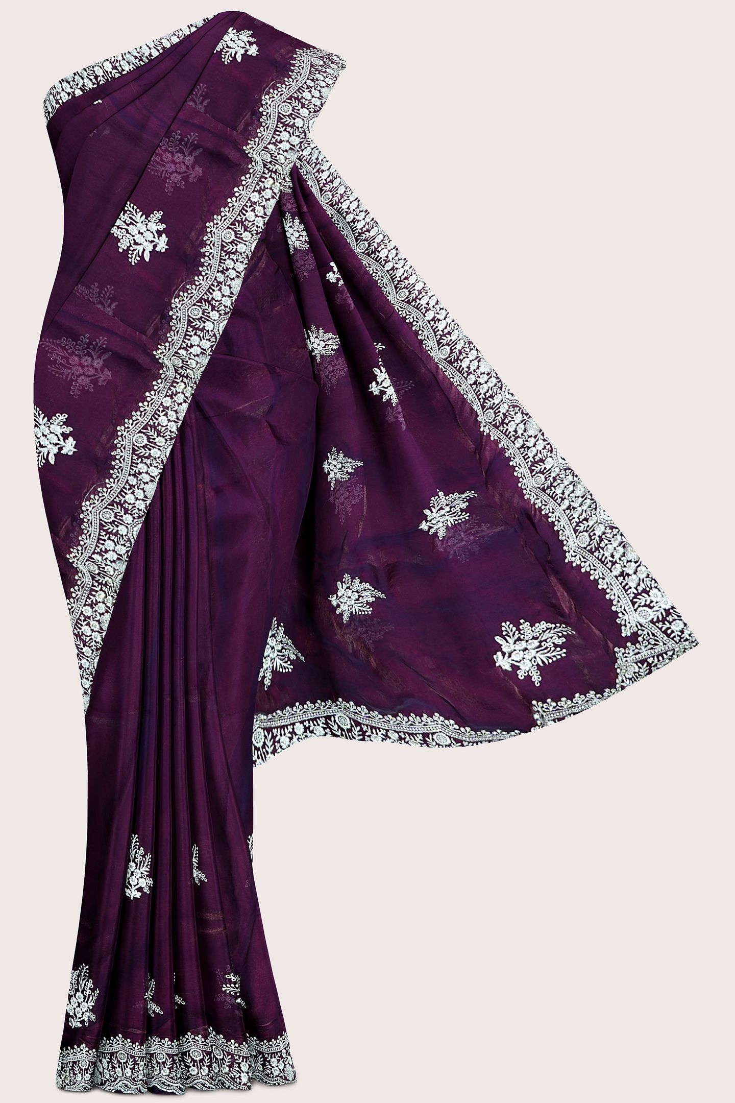 Tissue Scallop Border And Silver Zari Weaving Dark Wine Saree