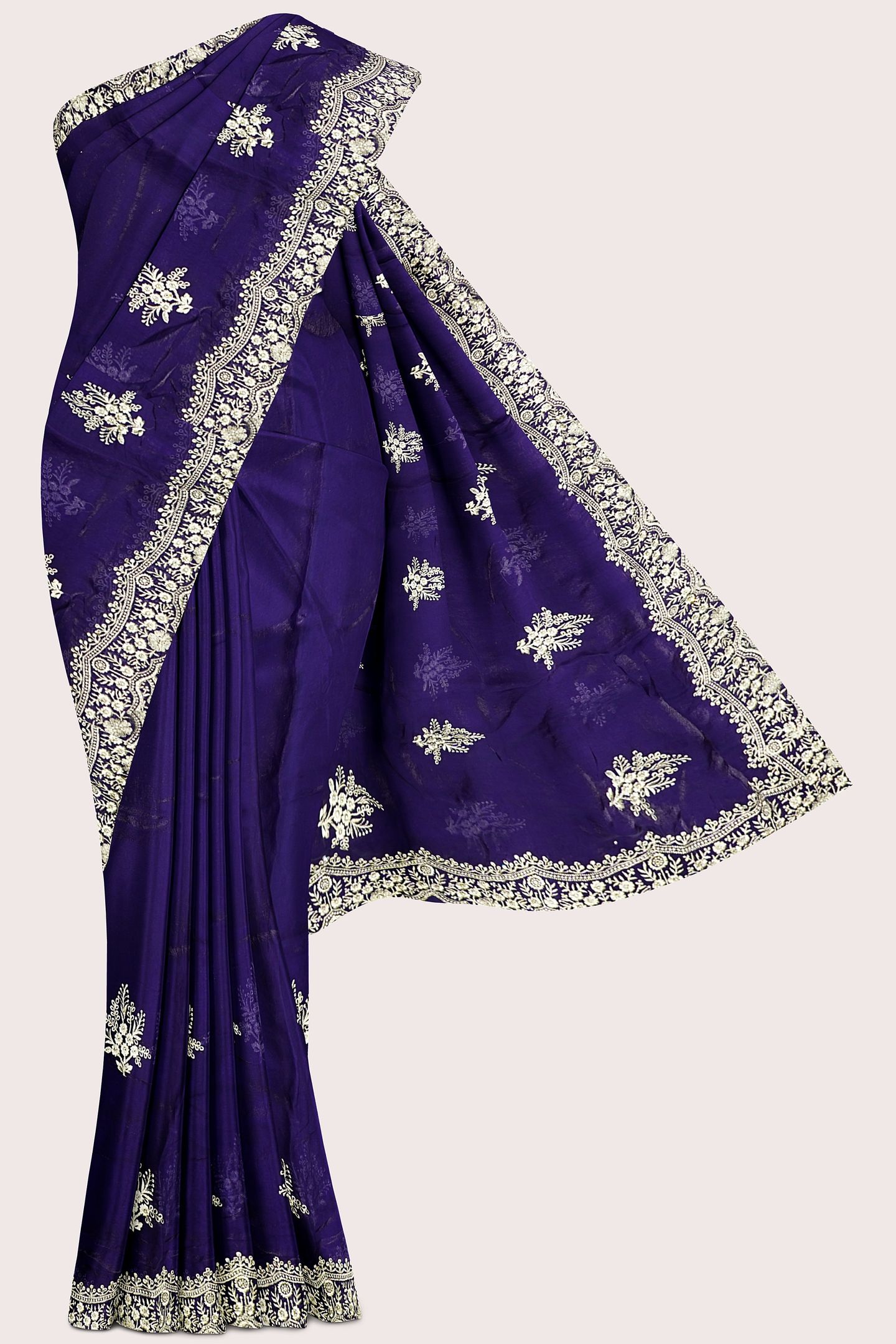 Tissue Scallop Border And Silver Zari Weaving Royal Blue Saree