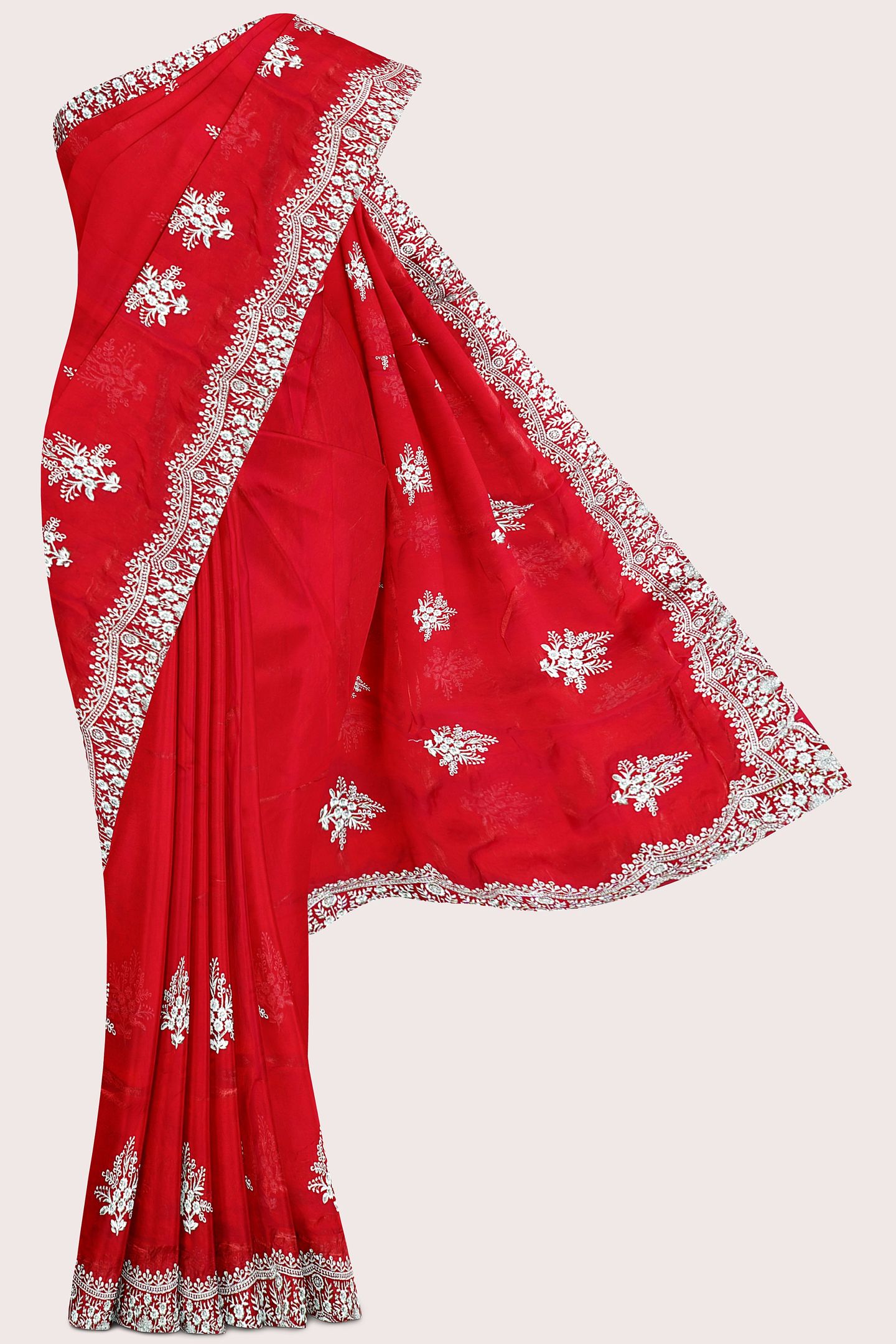 Tissue Scallop Border And Silver Zari Weaving Red Saree