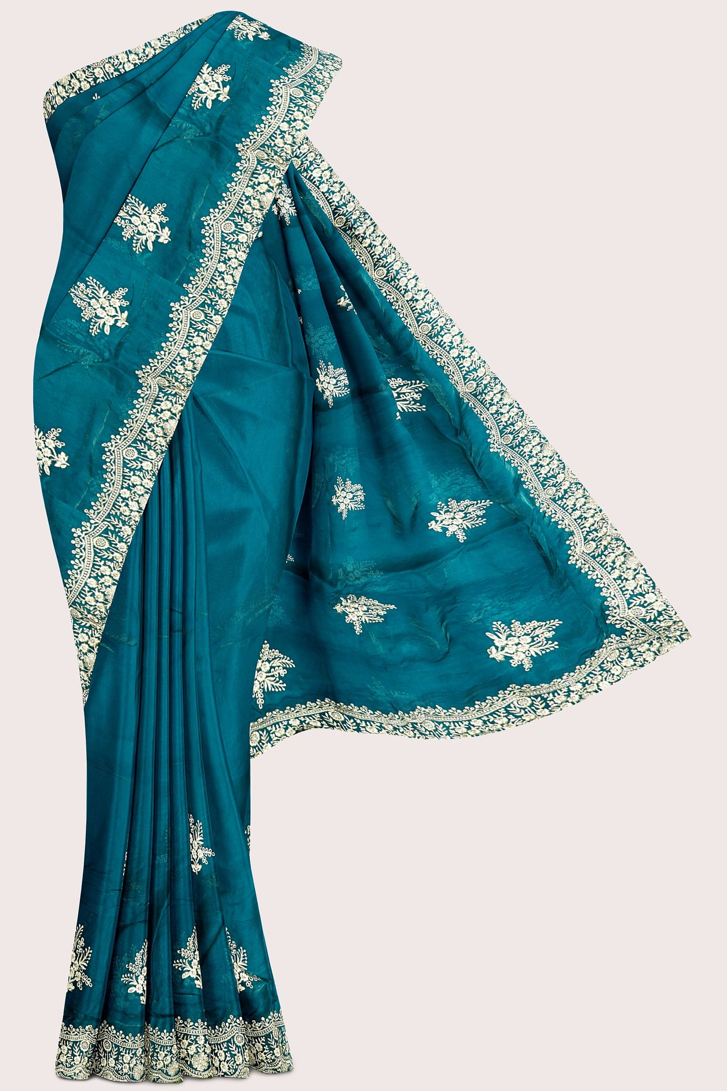 Tissue Scallop Border And Silver Zari Weaving Rama Green Saree