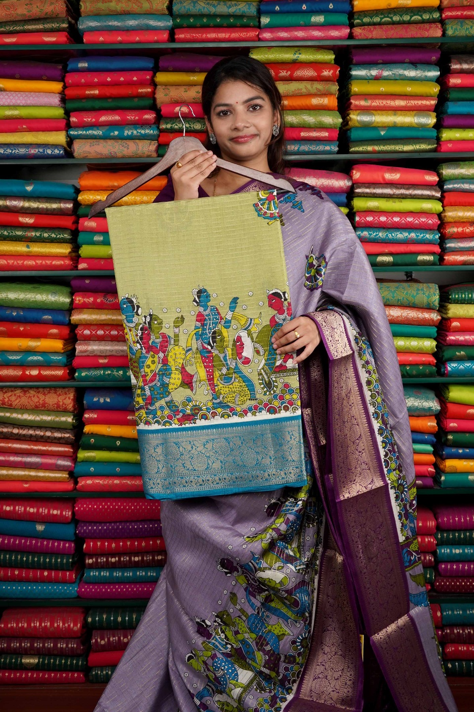 Semi Dola Silk Human Print Green And Sky Blue Saree