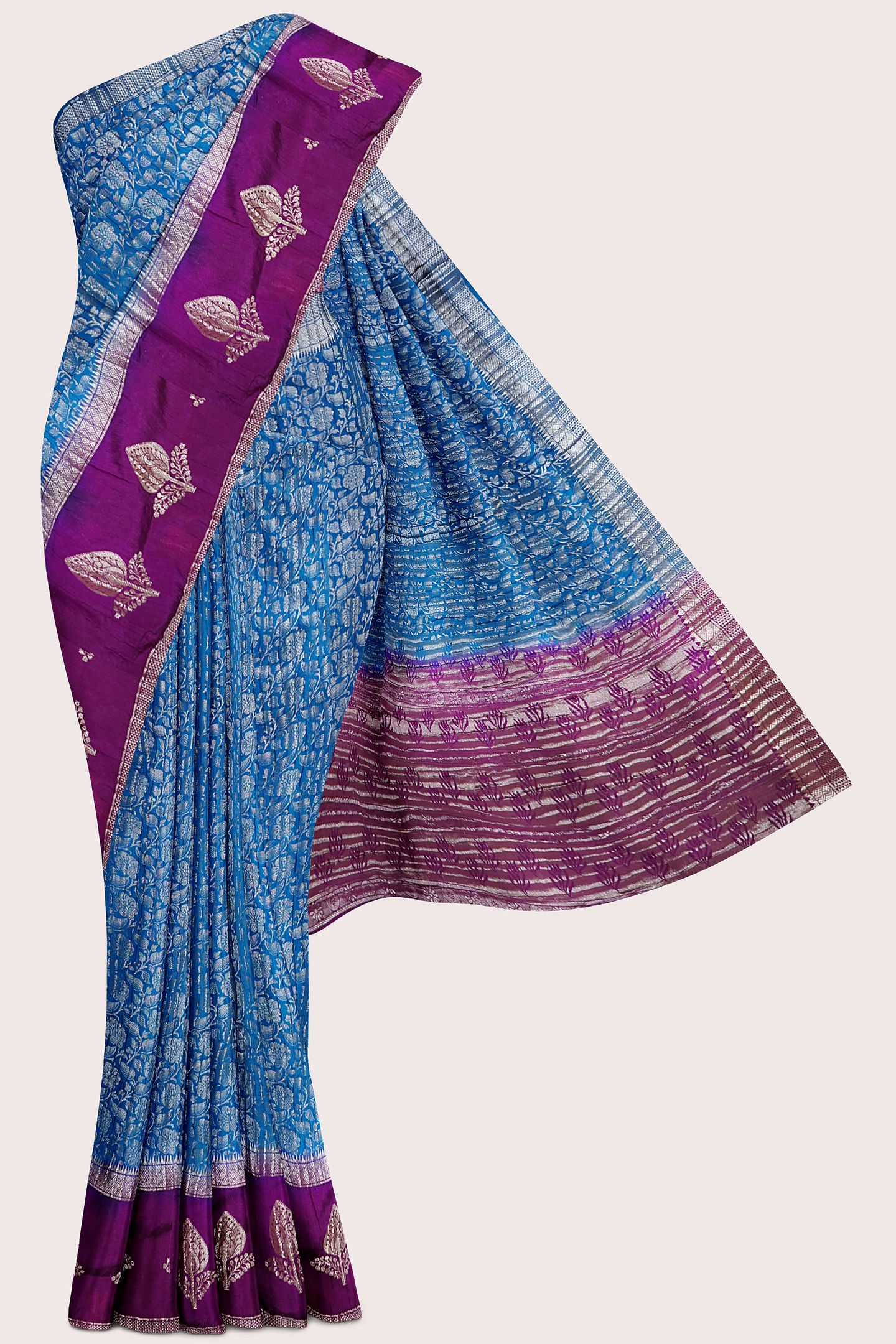 Soft Crushed Silk Full Jal Design Coppersulphate Blue With Dark Magenta Pink Saree
