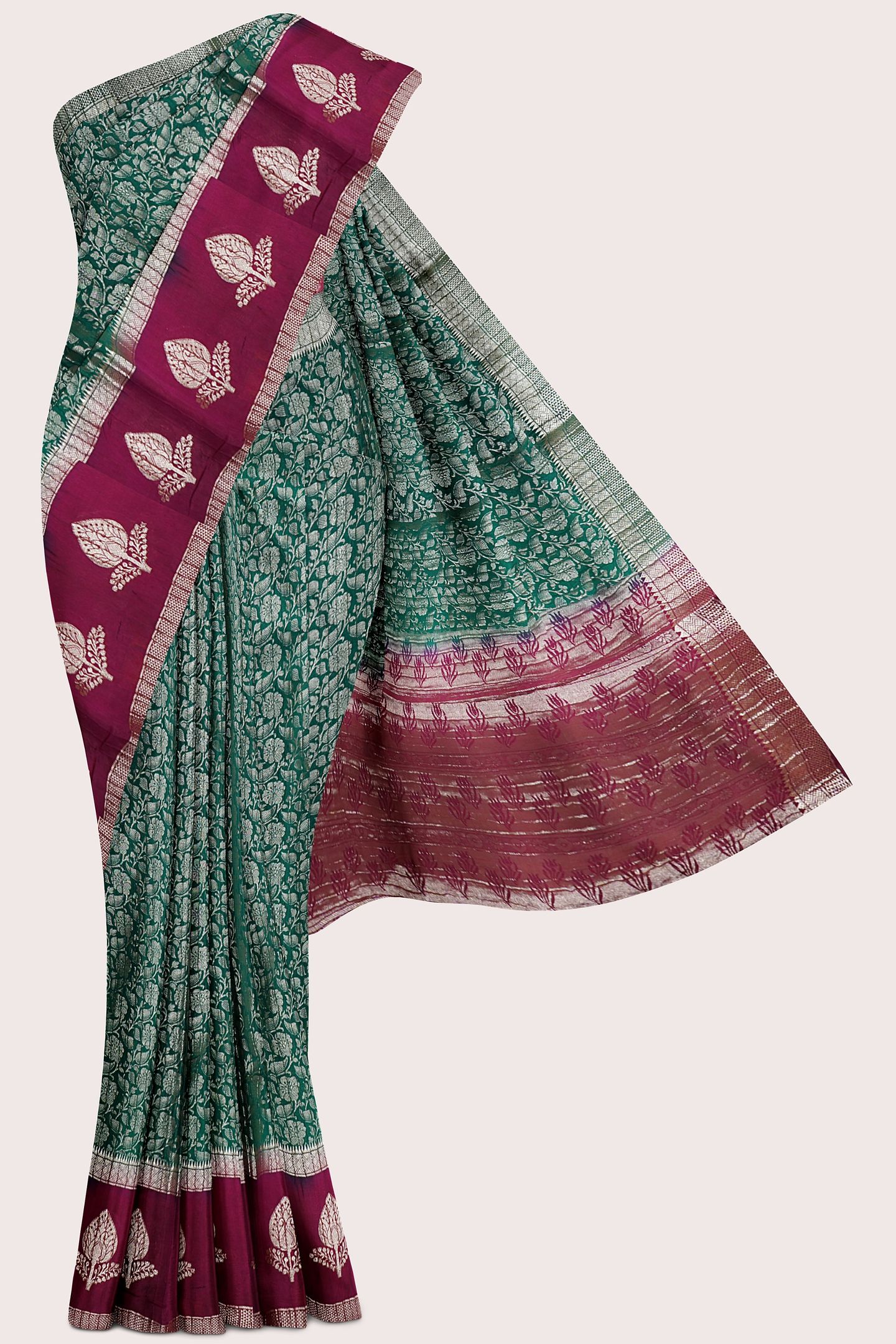 Soft Crushed Silk Full Jal Design Green With Pink Saree