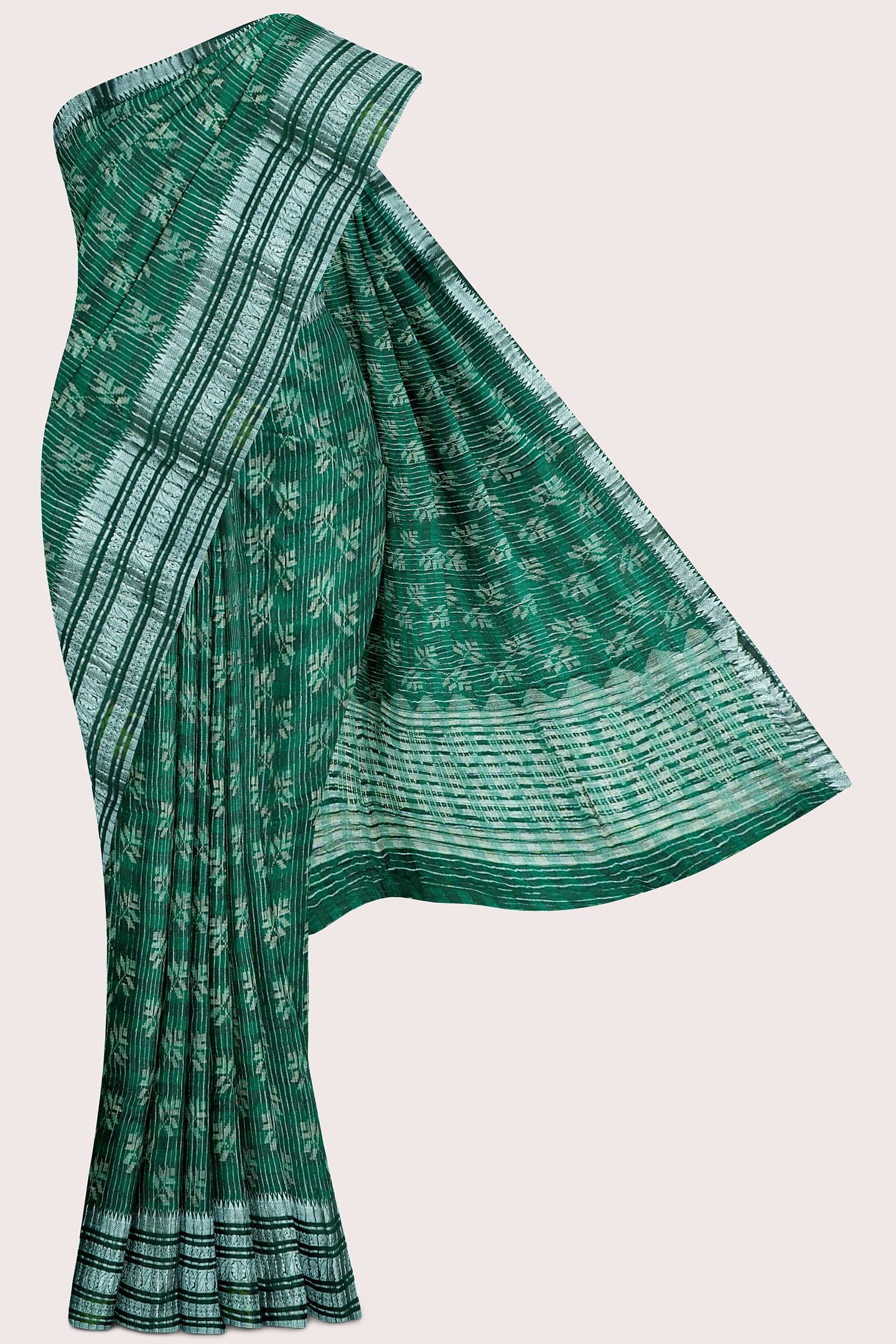 Soft Crushed Silk Silver Zari Lines Leaf Design Green Saree