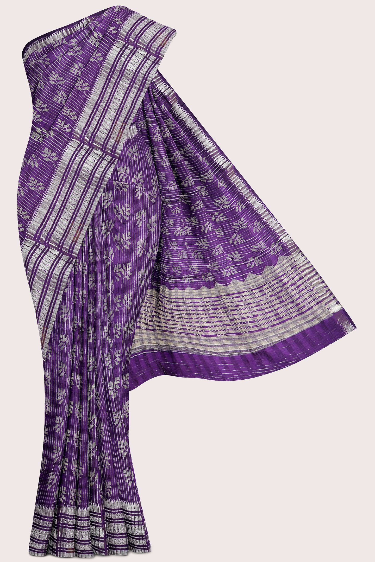 Soft Crushed Silk Silver Zari Lines Leaf Design Purple Saree