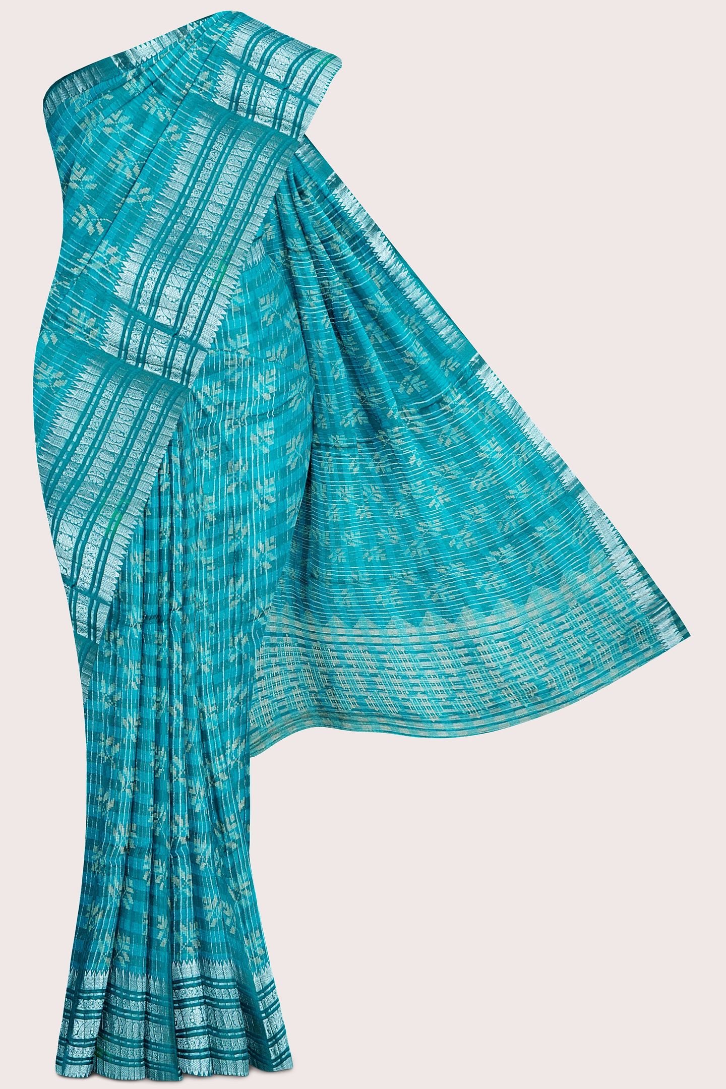 Soft Crushed Silk Silver Zari Lines Leaf Design Rama Green Saree