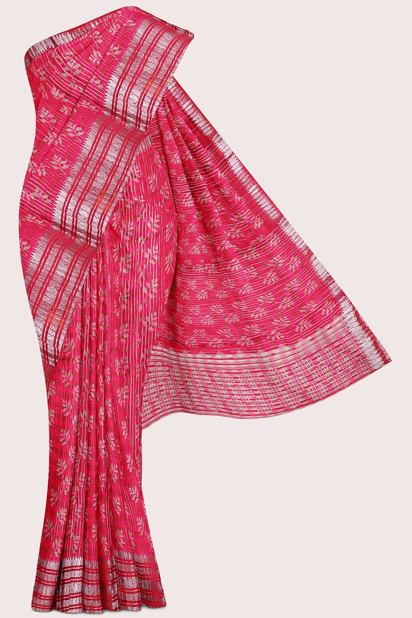 Soft Crushed Silk Silver Zari Lines Leaf Design Bright Pink Saree