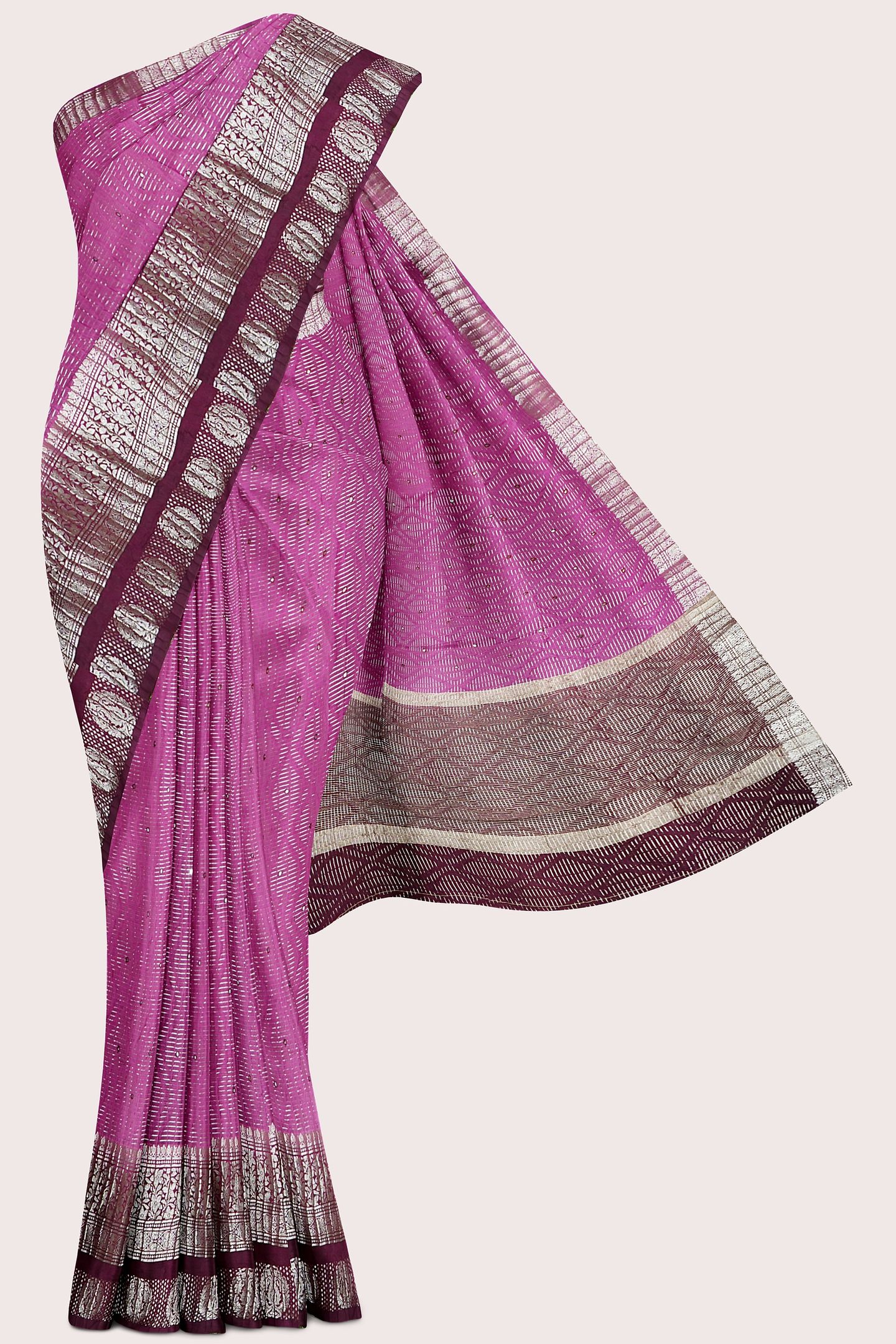 Soft Crushed Silk Brocade Border Cut Work Light Magenta Pink With Wine Saree
