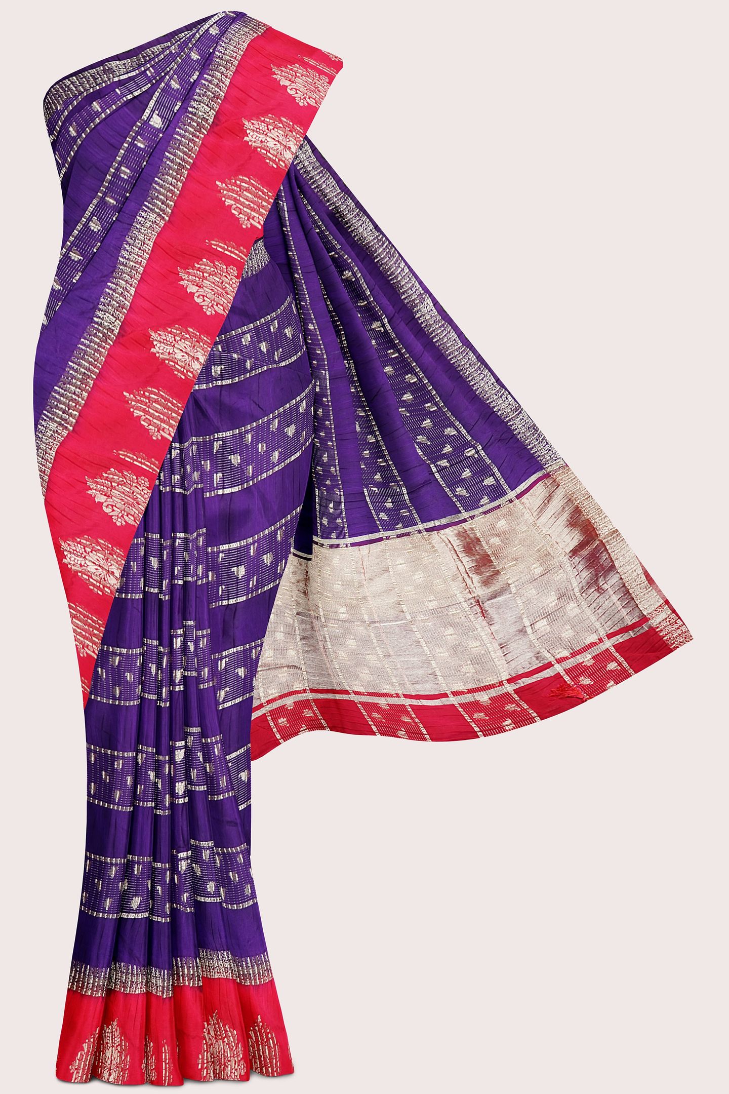 Soft Crushed Silk Gold Zari Weaving Lines Purple With Pink Saree