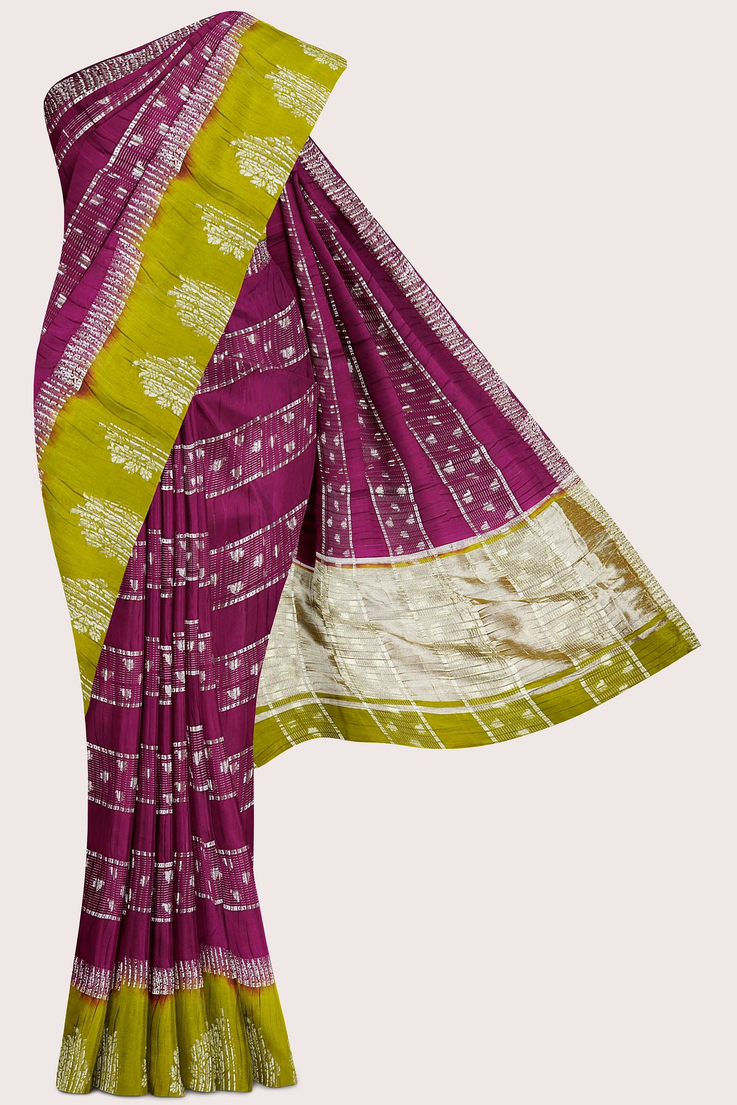 Soft Crushed Silk Gold Zari Weaving Lines Magenta Pink With Pesara Green Saree