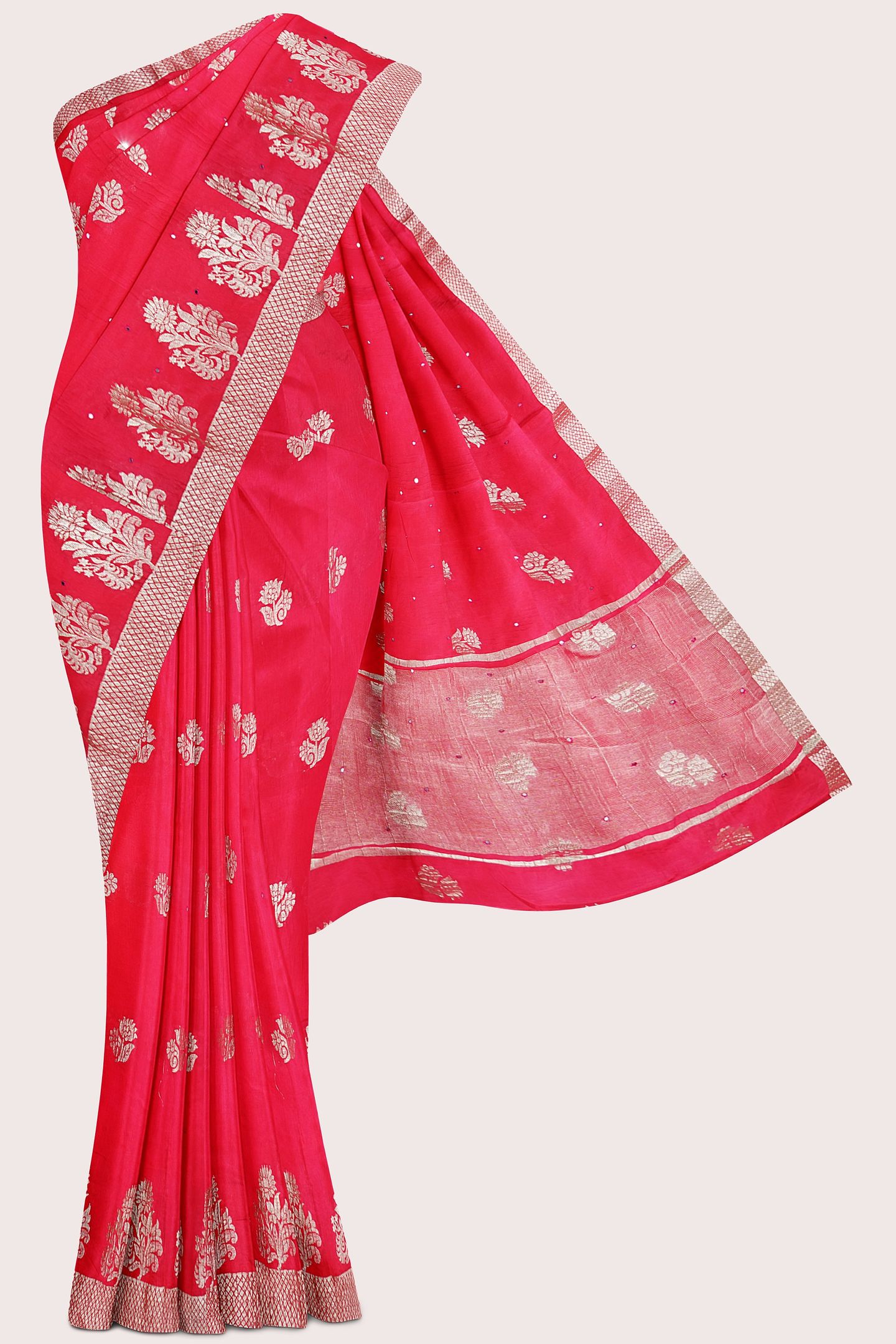 Soft Crushed Silk Brocade Border And Flower Butta Bright Pink Saree