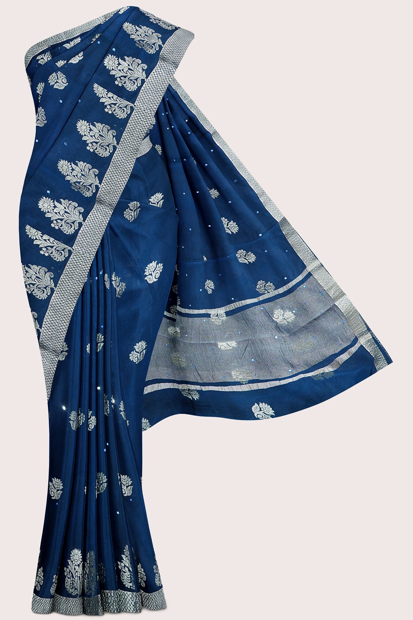 Soft Crushed Silk Brocade Border And Flower Butta Peacock Blue Saree