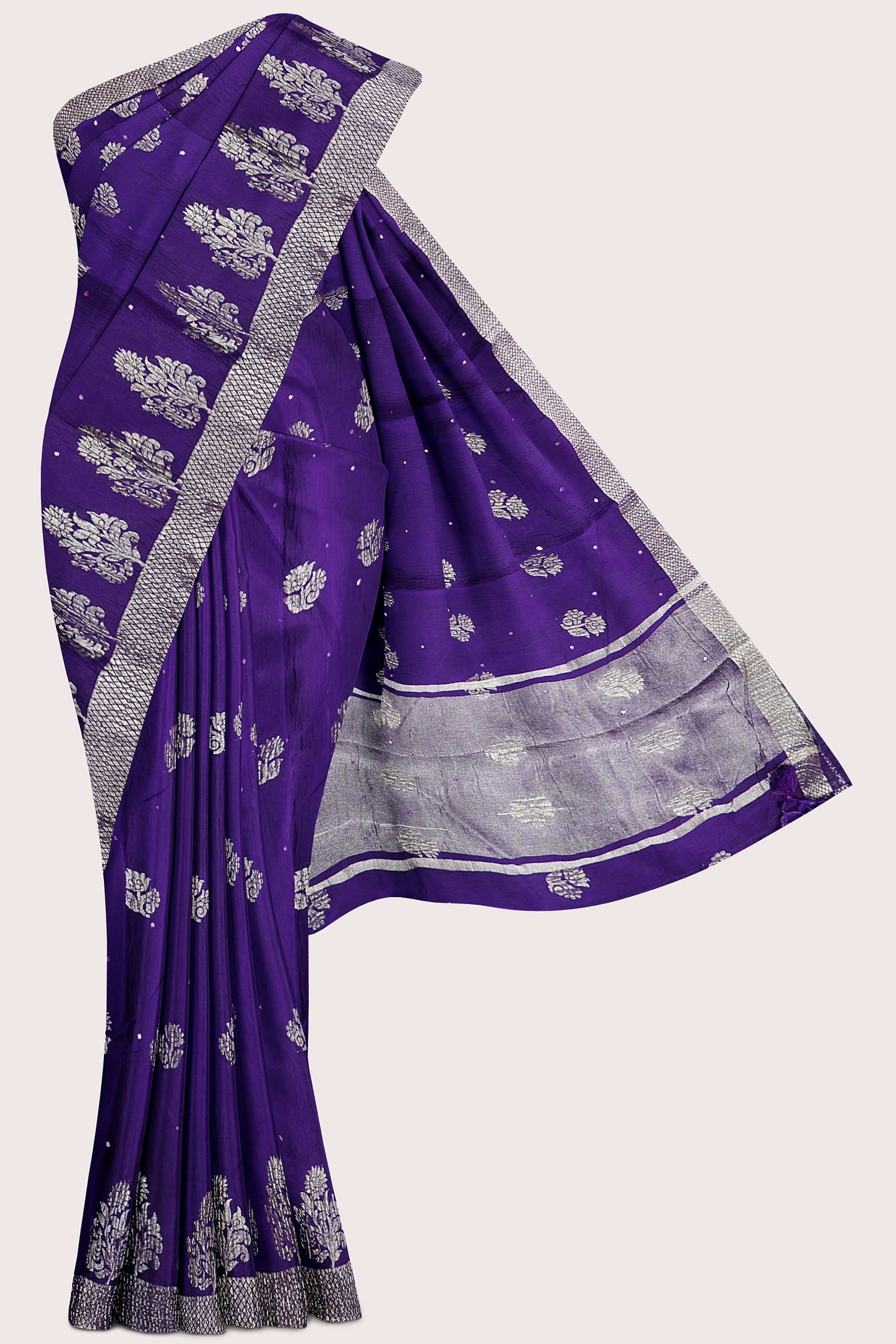 Soft Crushed Silk Brocade Border And Flower Butta Purple Saree