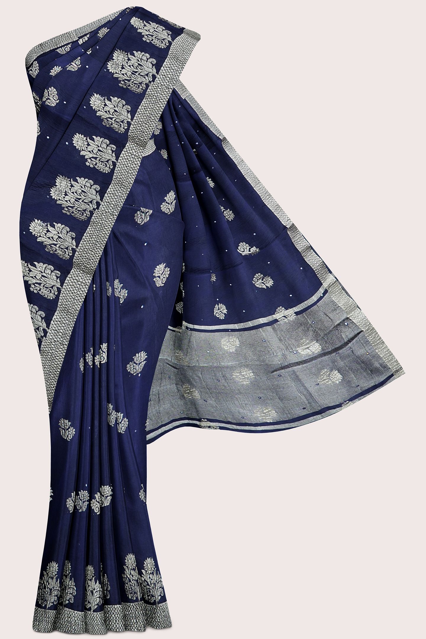 Soft Crushed Silk Brocade Border And Flower Butta Dark Navy Blue Saree