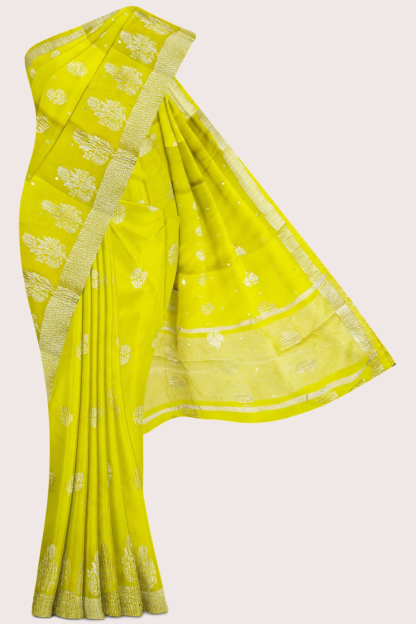 Soft Crushed Silk Brocade Border And Flower Butta Lemon Yellow Saree