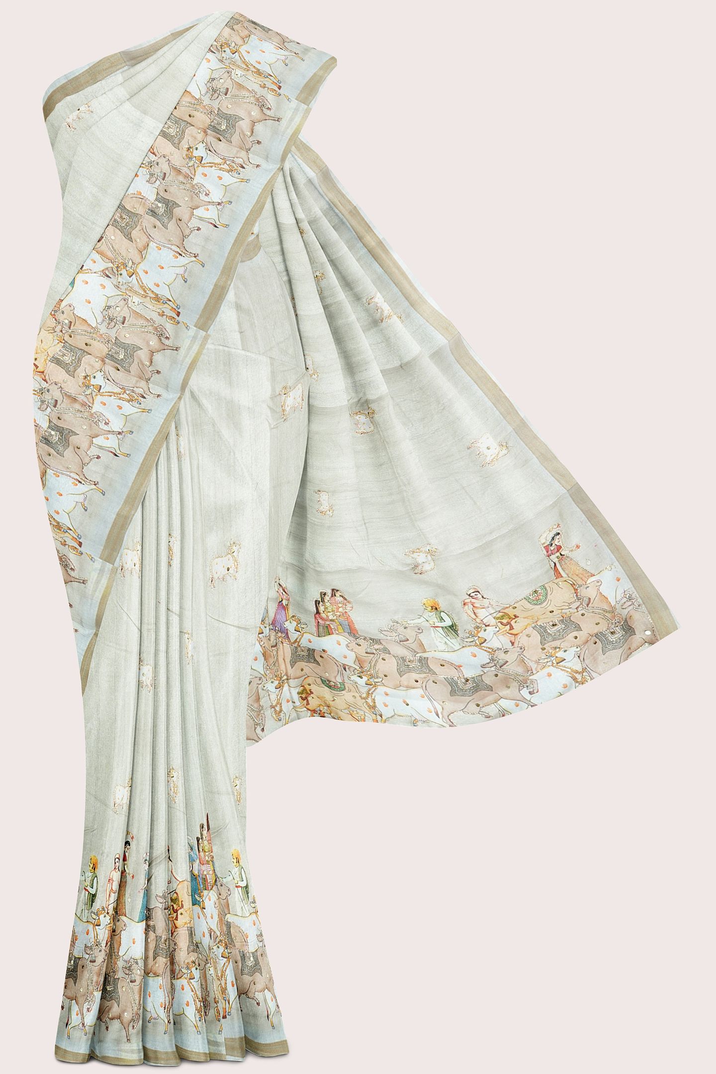 Jute Bagalpuri Silk Kadi Border Human And Cow Print Cream Saree
