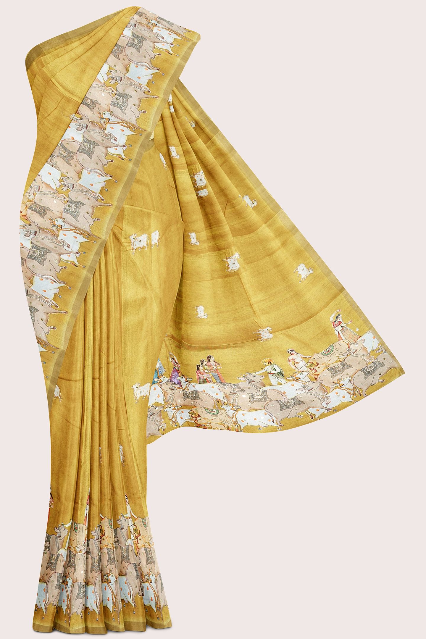 Jute Bagalpuri Silk Kadi Border Human And Cow Print Mustard Yellow Saree