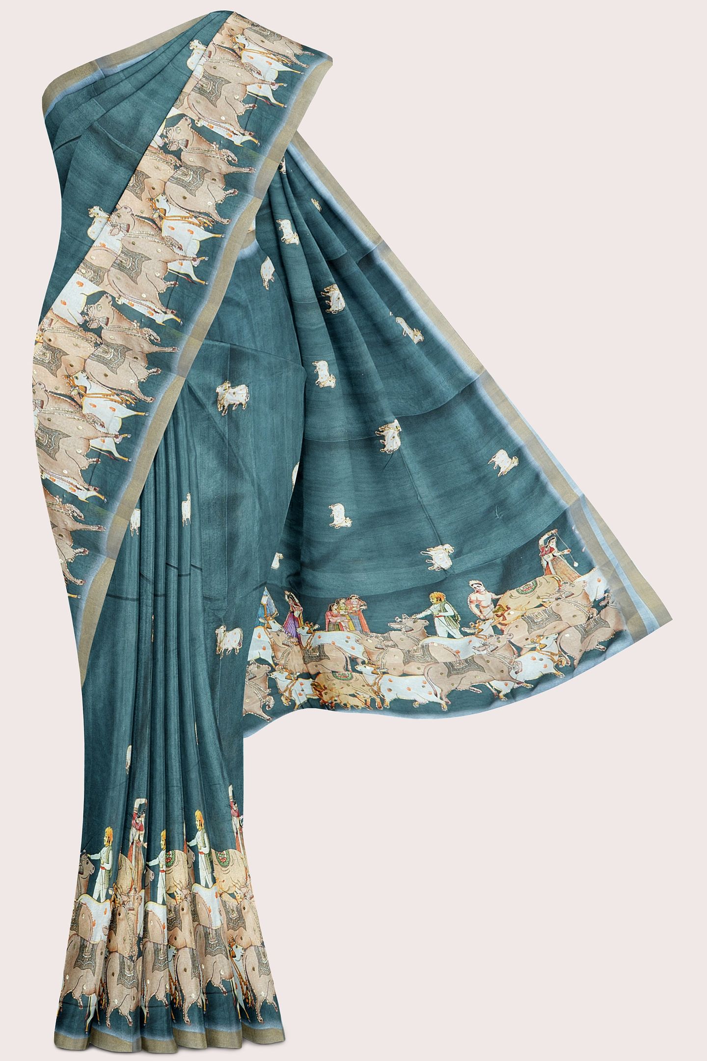 Jute Bagalpuri Silk Kadi Border Human And Cow Print Blue With Green Mix Saree